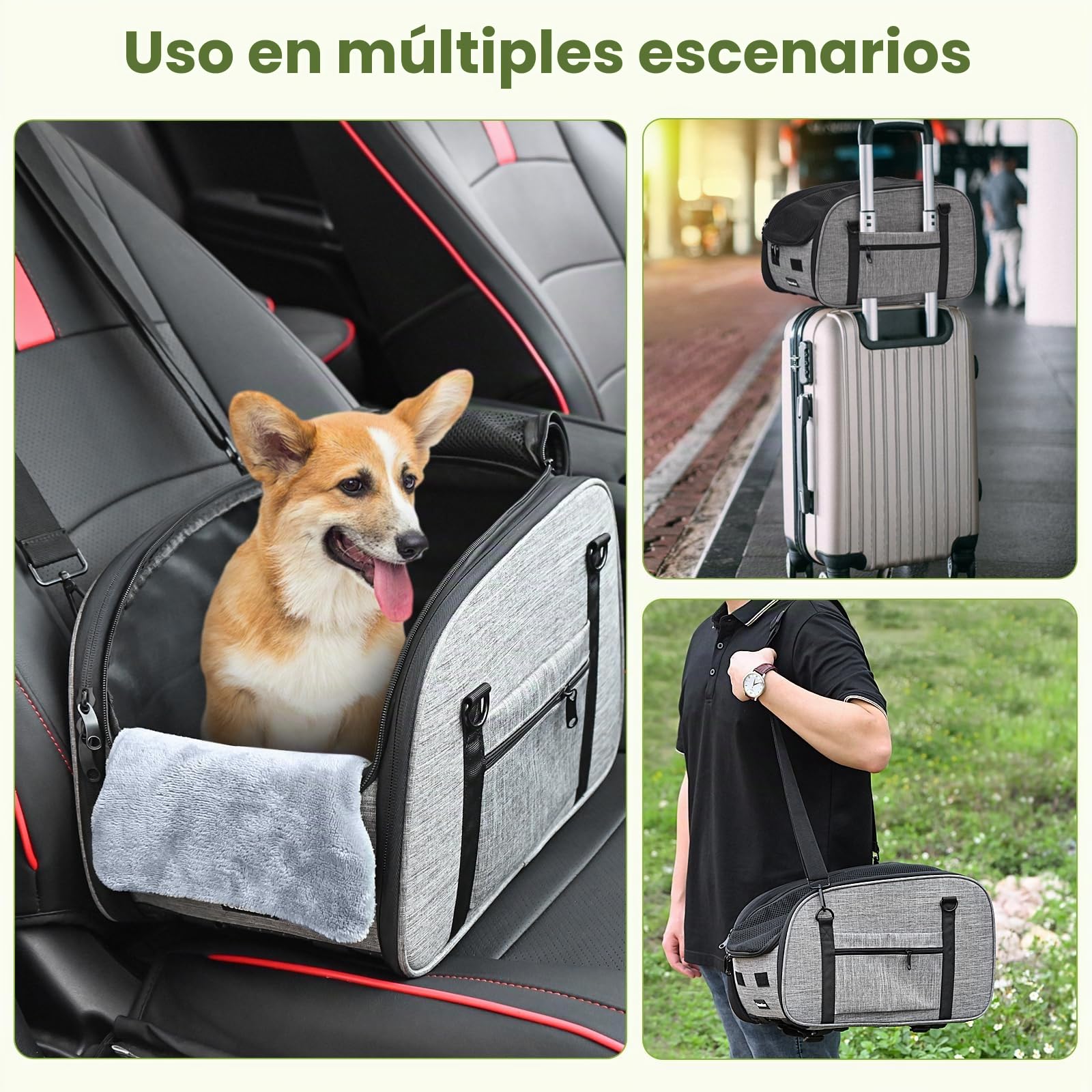 Asiento Coche para Perros Pequeños Gatos - Silla Asiento Coche Perros Consola Central, Cinturón Seguridad Doble Protección y Base Antideslizante, Cojín Lavable y Bolsillo, Gris