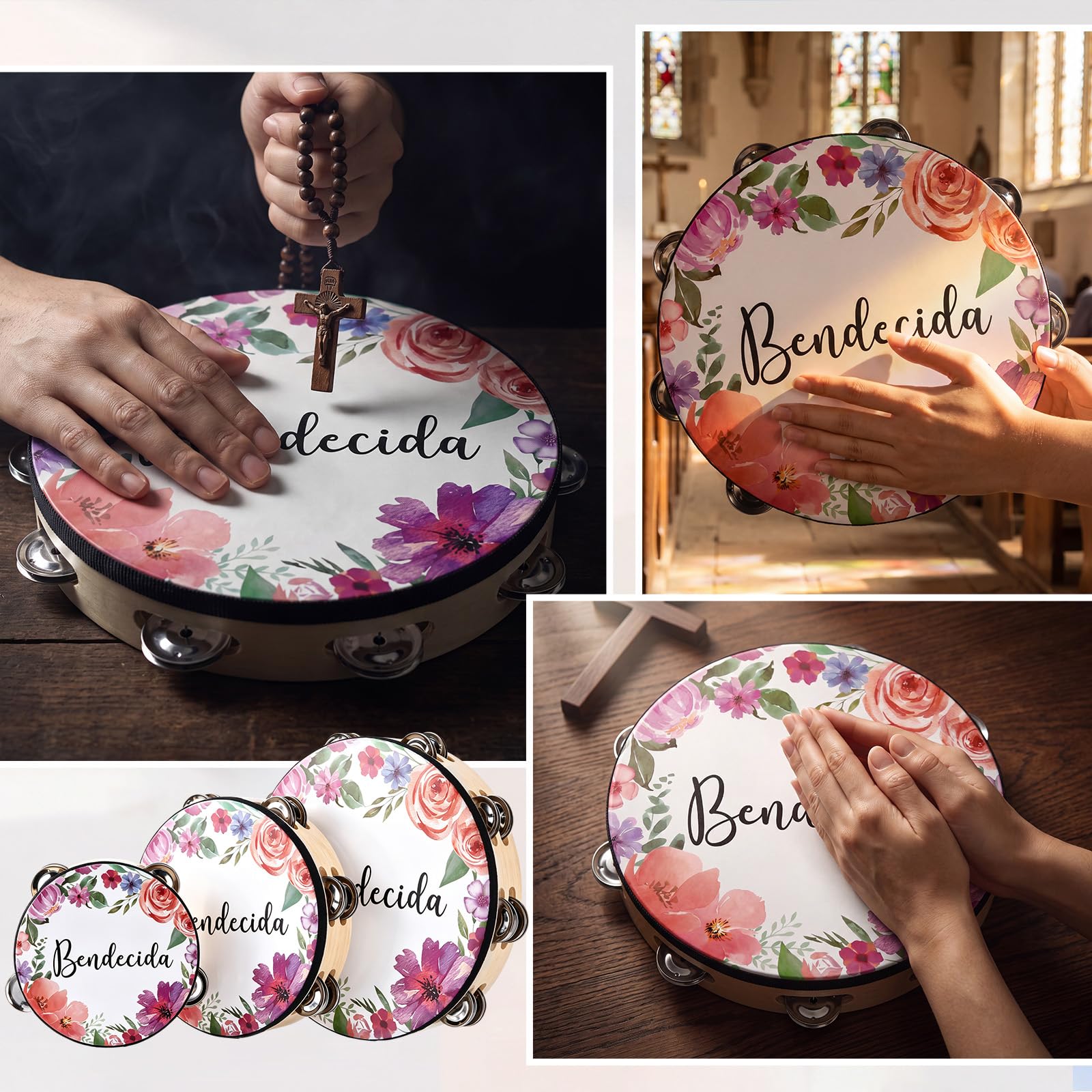 Lot de 3 tambourins espagnols bénis pour adultes d'église - Tambourin de danse chrétienne - 15,2 cm, 20,3 cm, 25,4 cm - Double rangée de jingles de la Bible - Tambourin pour chorale d'église