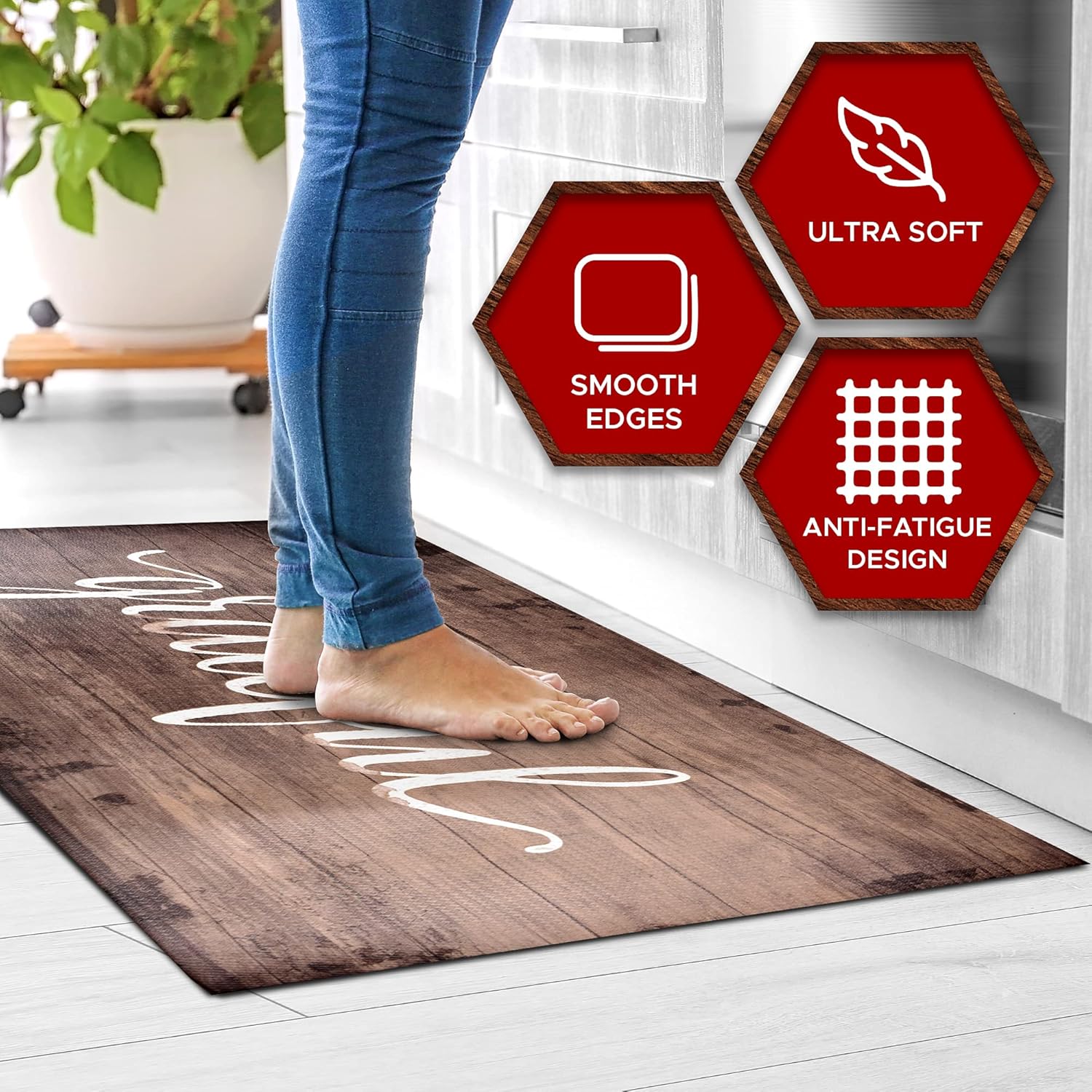 J&V TEXTILES Anti Fatigue Kitchen Runner Mat- 20" x 55" Oversized Long Non Slip PVC Rubber Kitchen Area Rug- Cushioned Comfort Mat With Foam Backing For Office Standing Desk Or Laundry Room [Grateful]