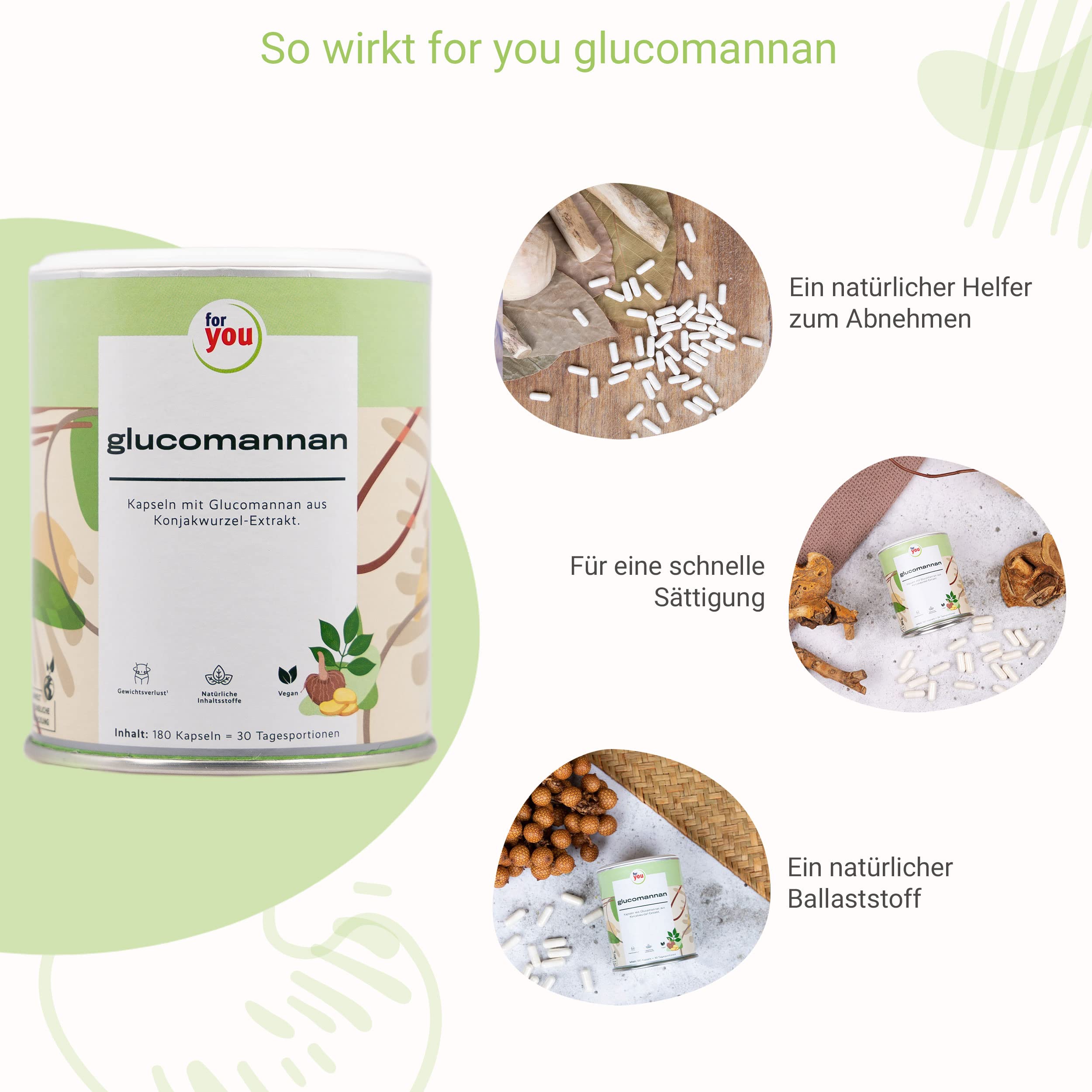 for you glucomannan Kapseln - 2x180 Kapseln Doppelpack 3000mg je Tagesdosis Glucomannan aus Konjakwurzel-Extrak - 95% standardisierten Glucomannangehalt - Sättigungskapseln hochdosiert - Abnehm Helfer