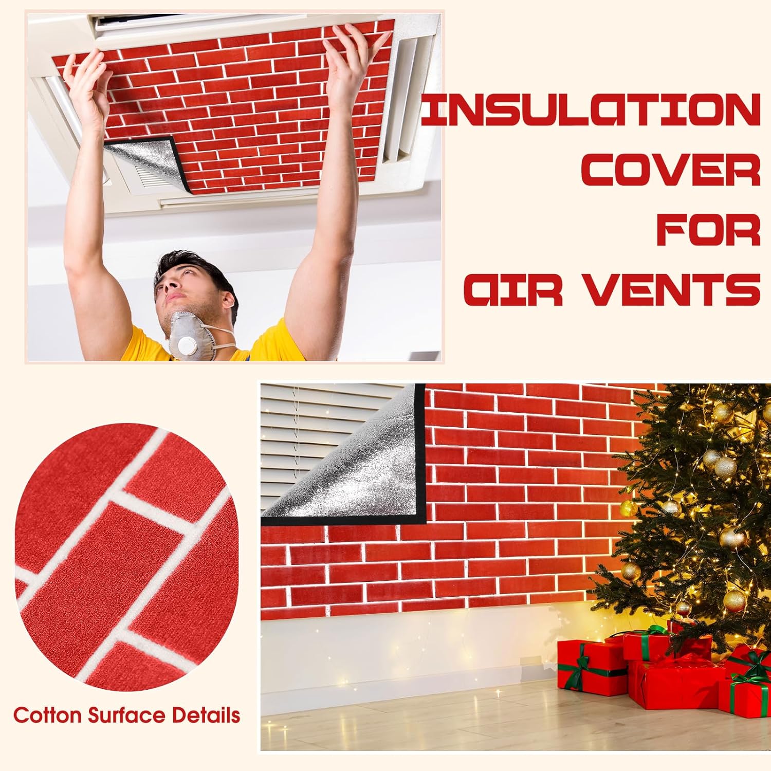 Pangda Christmas Attic Armour Attic Fan Cover 50.79 x 50.79 Inch Red Brick Insulation Cover with Hook and Loop for Ceiling Shutter Door Whole House