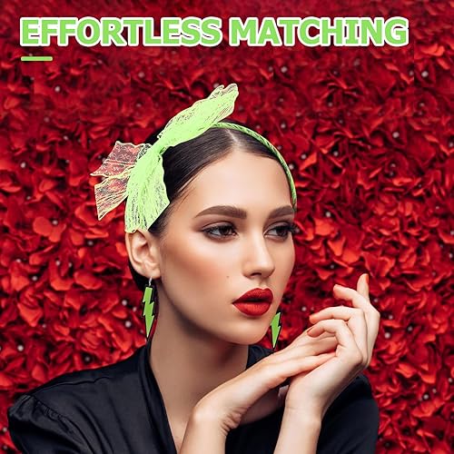 Miniatura 5 de LOGOFUN 2 diademas de encaje retro de los años 80, aretes de neón, guantes de red para mujer, accesorios de disfraz de baile y cosplay