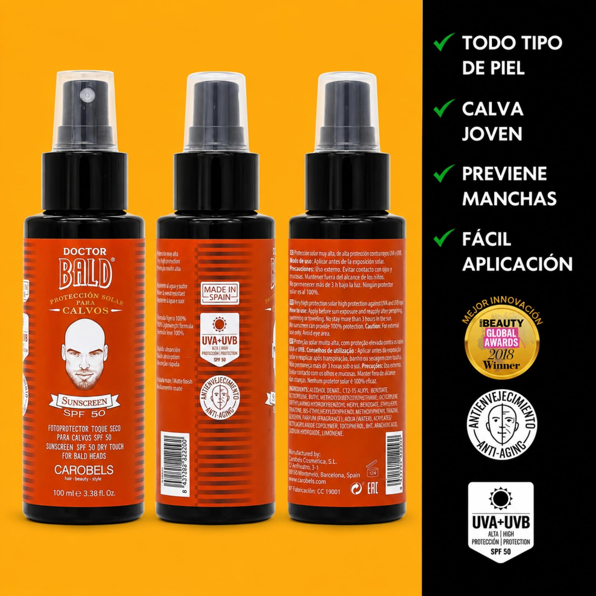 Beardburys Doctor Bald Protector Solar Calvos Spray SPF 50, 100ml (Pack 2) | Protector Solar para Cuero Cabelludo Expuesto, Textura Seca, Rápida Absorción, Sin Grasa y Sin Brillo