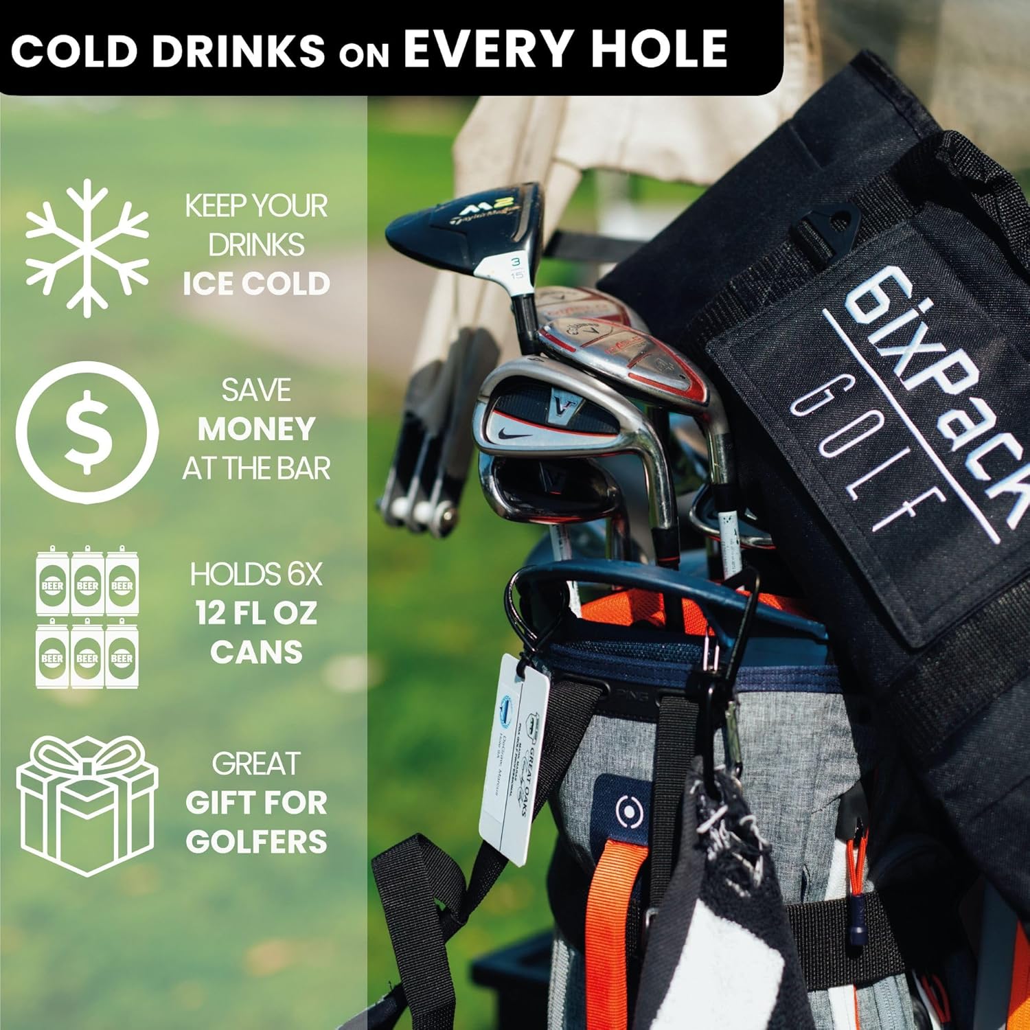 Cooler Bag with 2 Ice Packs, Insulated Golf Bag Cooler Holds 6 Cans, Fits in Most Golf Bags, Portable Beer Sleeve for Golfing