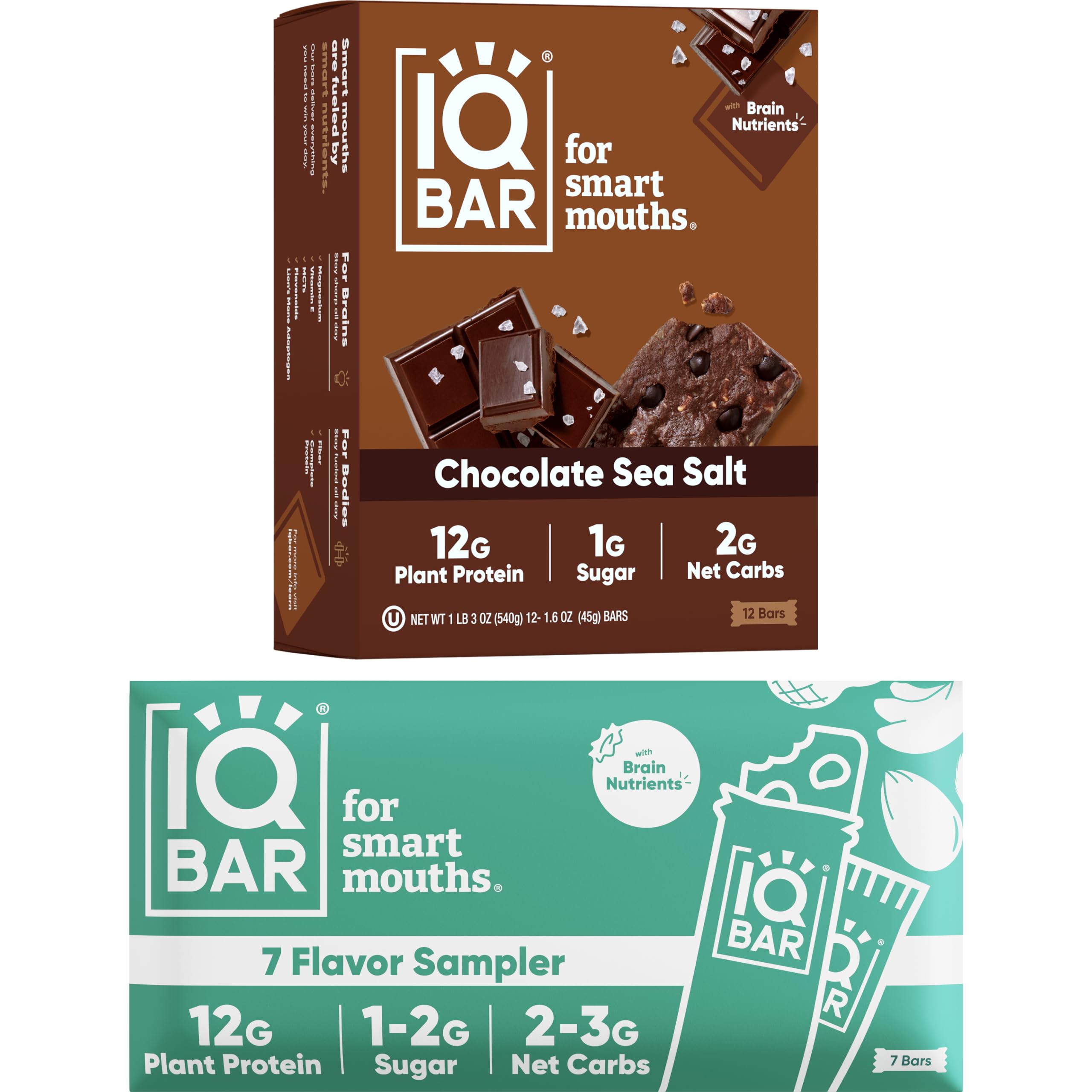 IQBAR Brain and Body Keto Protein Bars - 7-Bar Sampler & 12 Count Chocolate Sea Salt Energy Bars - Low Carb Protein Bars - High Fiber Vegan Bars Low Sugar Meal Replacement Bars