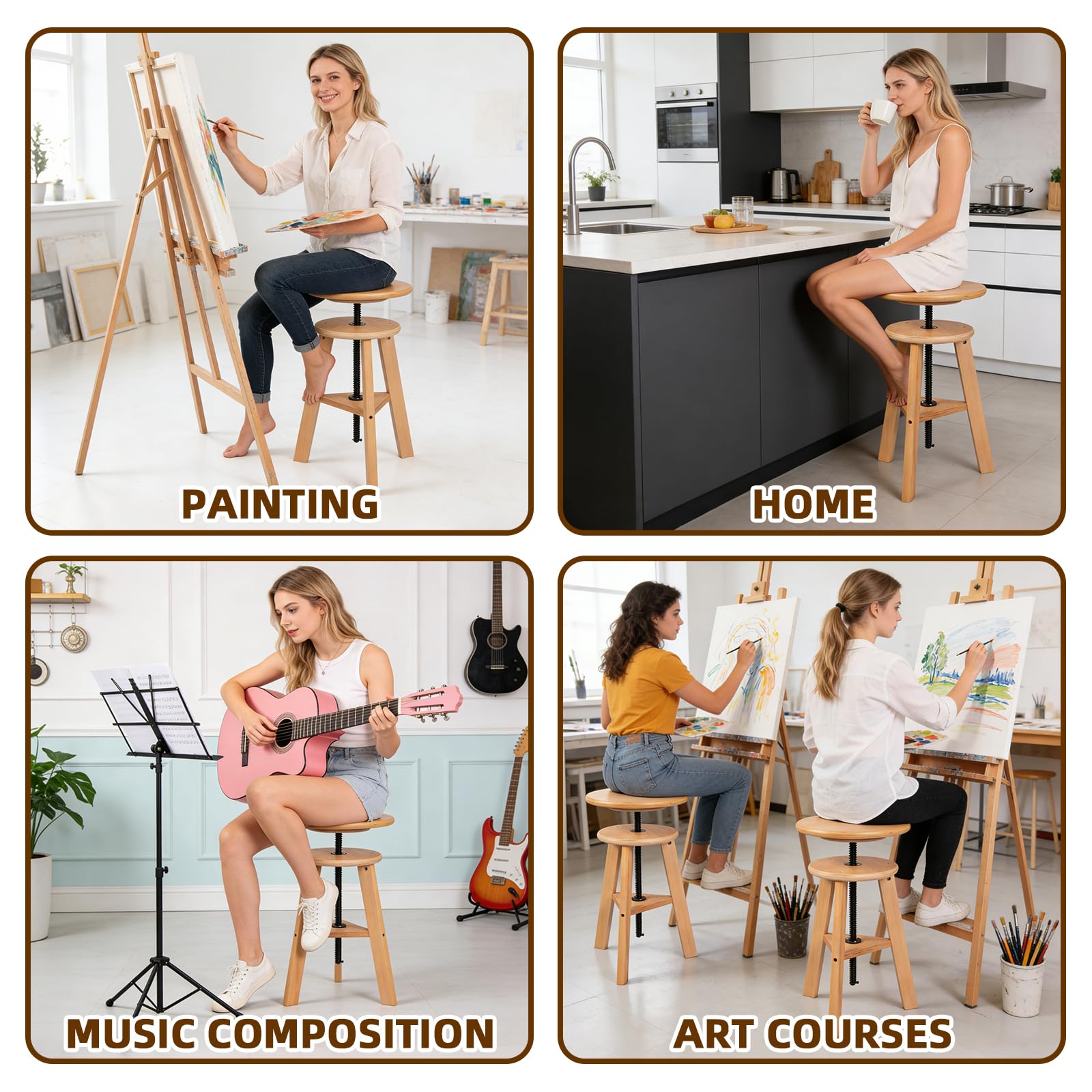 Taburete de dibujo de madera, 48 – 65 cm, altura regulable, taburete de madera de haya | Taburete multifuncional para estudio de artistas, estudio, hogar, bar, cocina u oficina