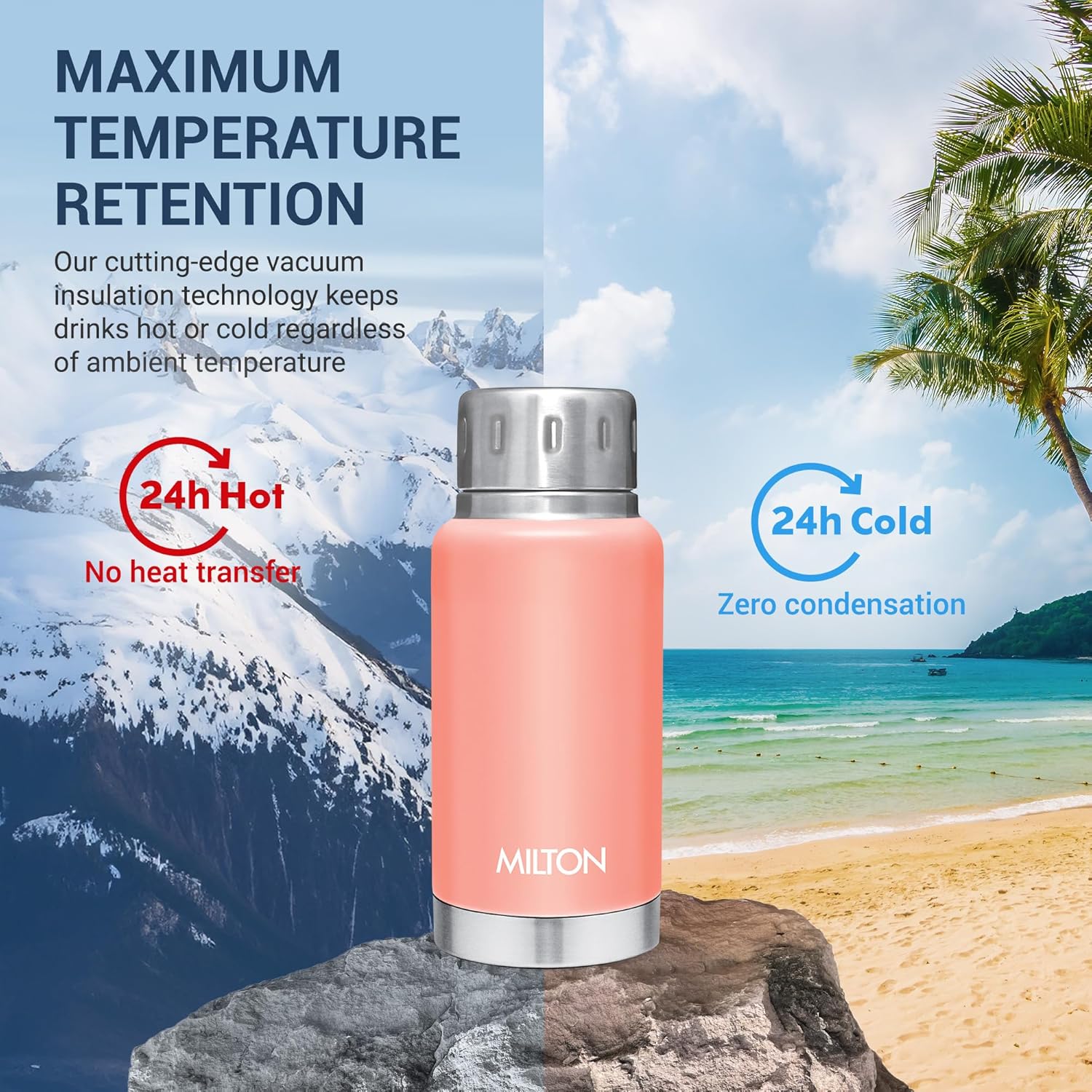 Milton Elfin 160 Thermosteel Hot and Cold Water Bottle, 160 ml, Peach | Leak Proof | Easy to Carry | Office Bottle | Hiking | Trekking | Travel Bottle | Gym | Home | Kitchen Bottle