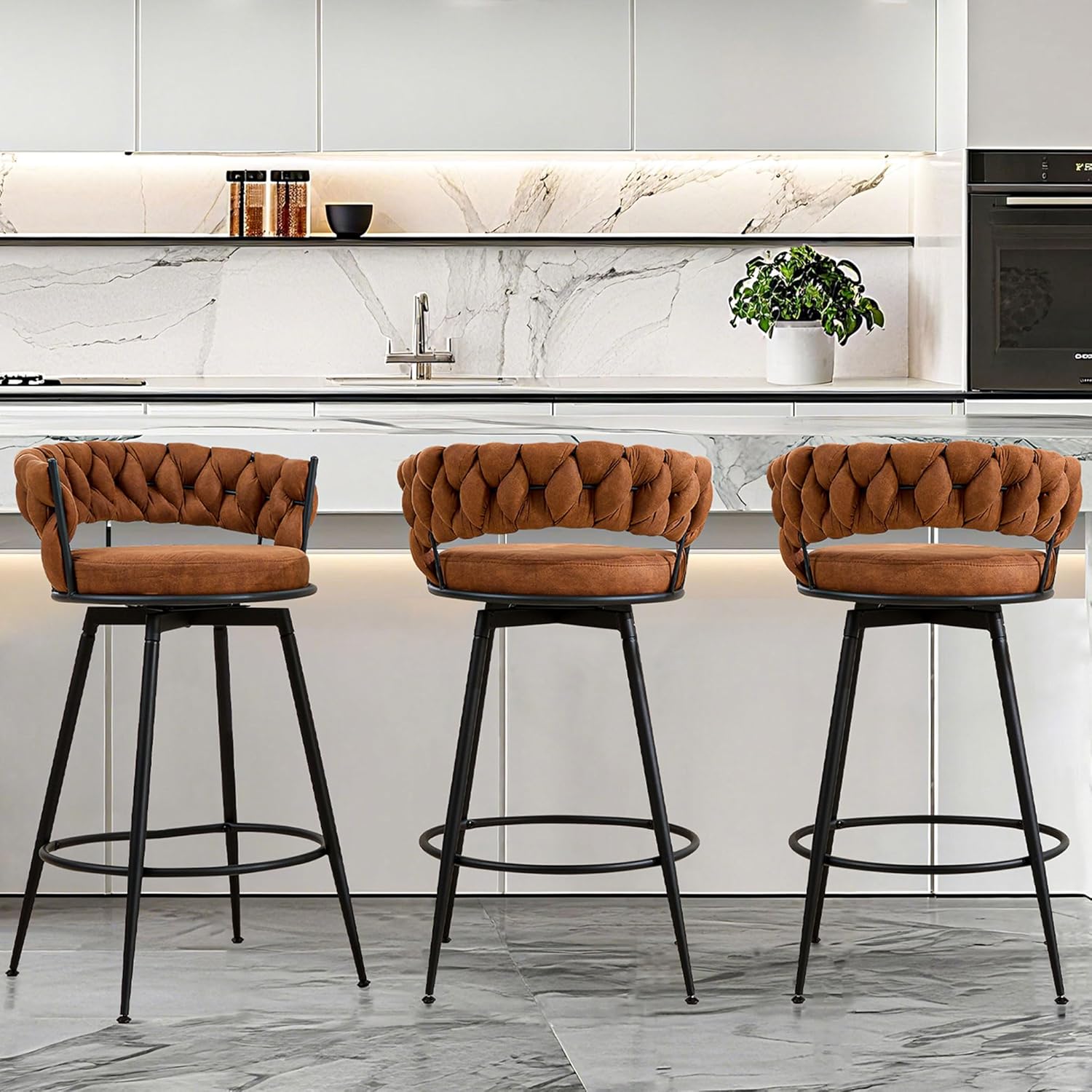Bar Stools Set of 3, 28 Inch Barstool with Metal Legs, 360° Swivel Counter Height Bar Stools with Woven Back, Upholstered Suede, Modern Chair for Kitchen Island, Cafe