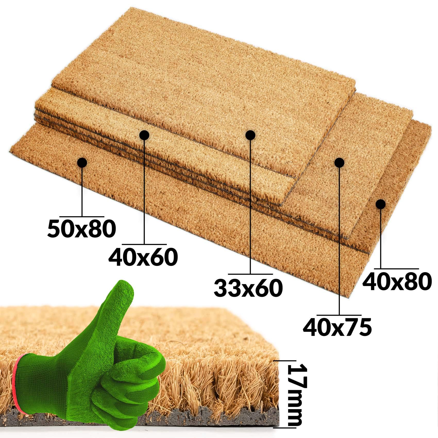 ANRO Felpudo de fibra de coco natural, grosor 17 mm, tamaño 33 x 60 cm, color natural liso
