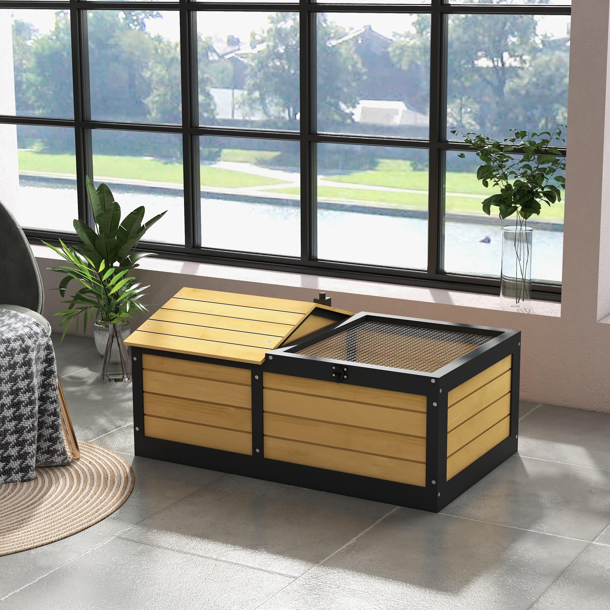 PawHut Casetta in legno per tartarughe, per piccoli animali domestici, rettili con nascondiglio per rifugio, parte superiore apribile, vassoio, casa per tartarughe, per interni ed esterni, giallo