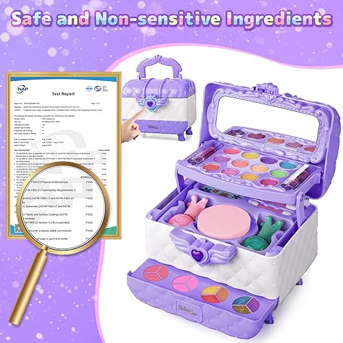 Miniatura 7 de Juego de maquillaje para niños para niñas, juego de caja de maquillaje cosmética lavable real con espejo, kit de disfraz de princesa suave y