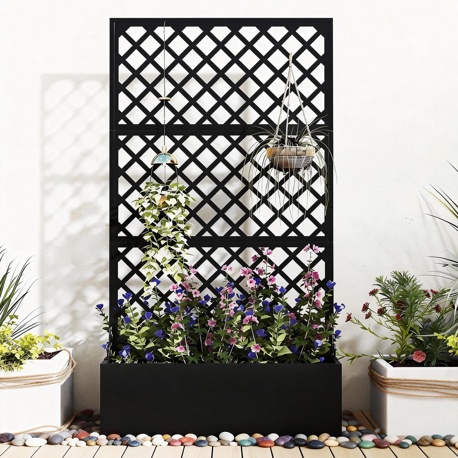 Metal Raised Garden Bed with Trellis, Privacy Screen Planter Box for Climbing Plants, 39 x 12 x 71 Inches, Outdoor Standing Flower Bed with Drainage (Diamond)