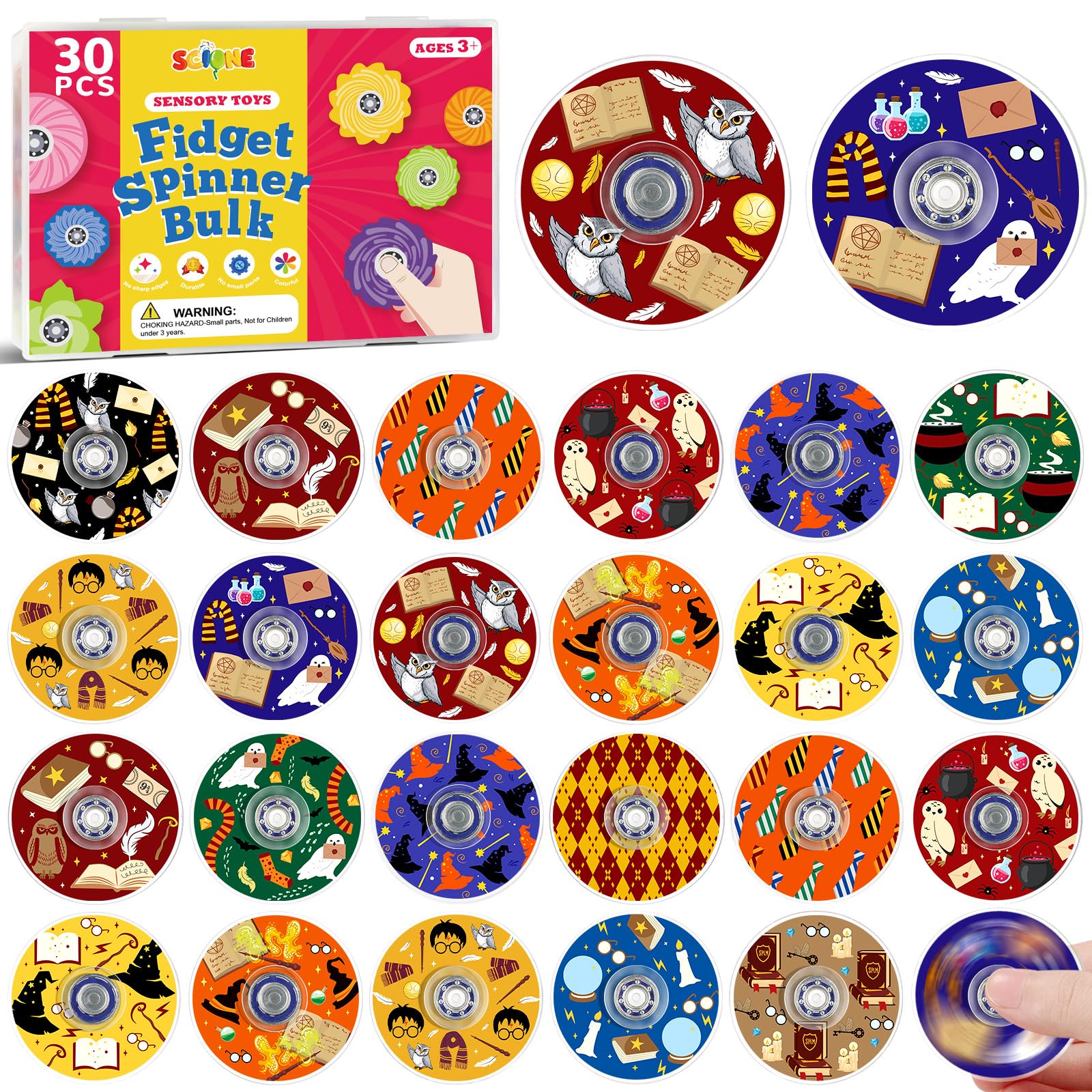 SCIONE 30 Pack Mini Fidget Spinners Party Bag Fillers for Kids, 15 Unique Magic Wizard School Patterns Acrylic Hand Spinners, Bulk Sensory Toys for Classroom Rewards, Pinata Fillers, 1.5"