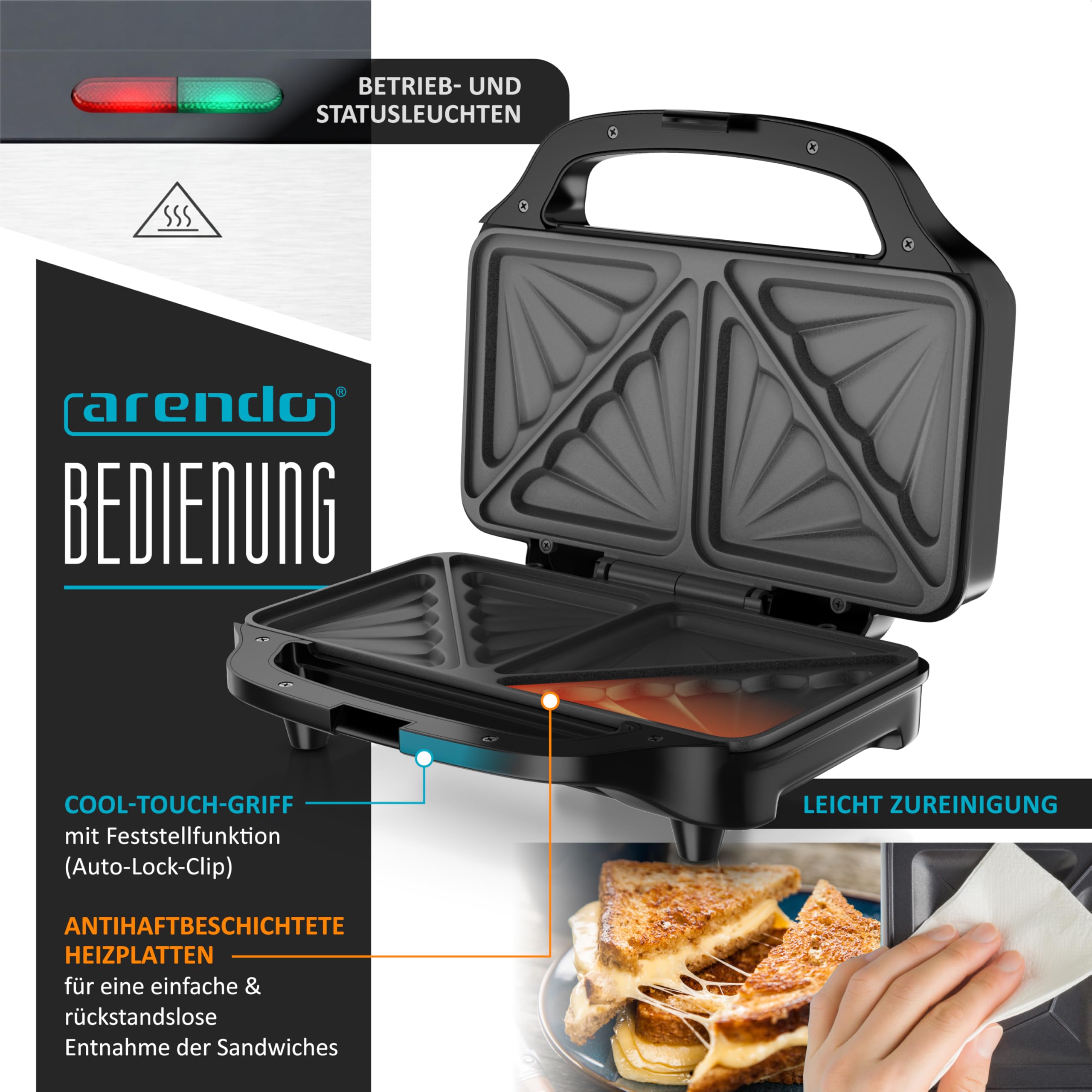 Arendo - Sandwichmaker mit Antihaftbeschichtung – 900 W - automatische Temperaturregelung – Sicherheitsverriegelung - Sandwich Maker - Sandwichtoaster für Sandwiches, Toast, warme Snacks