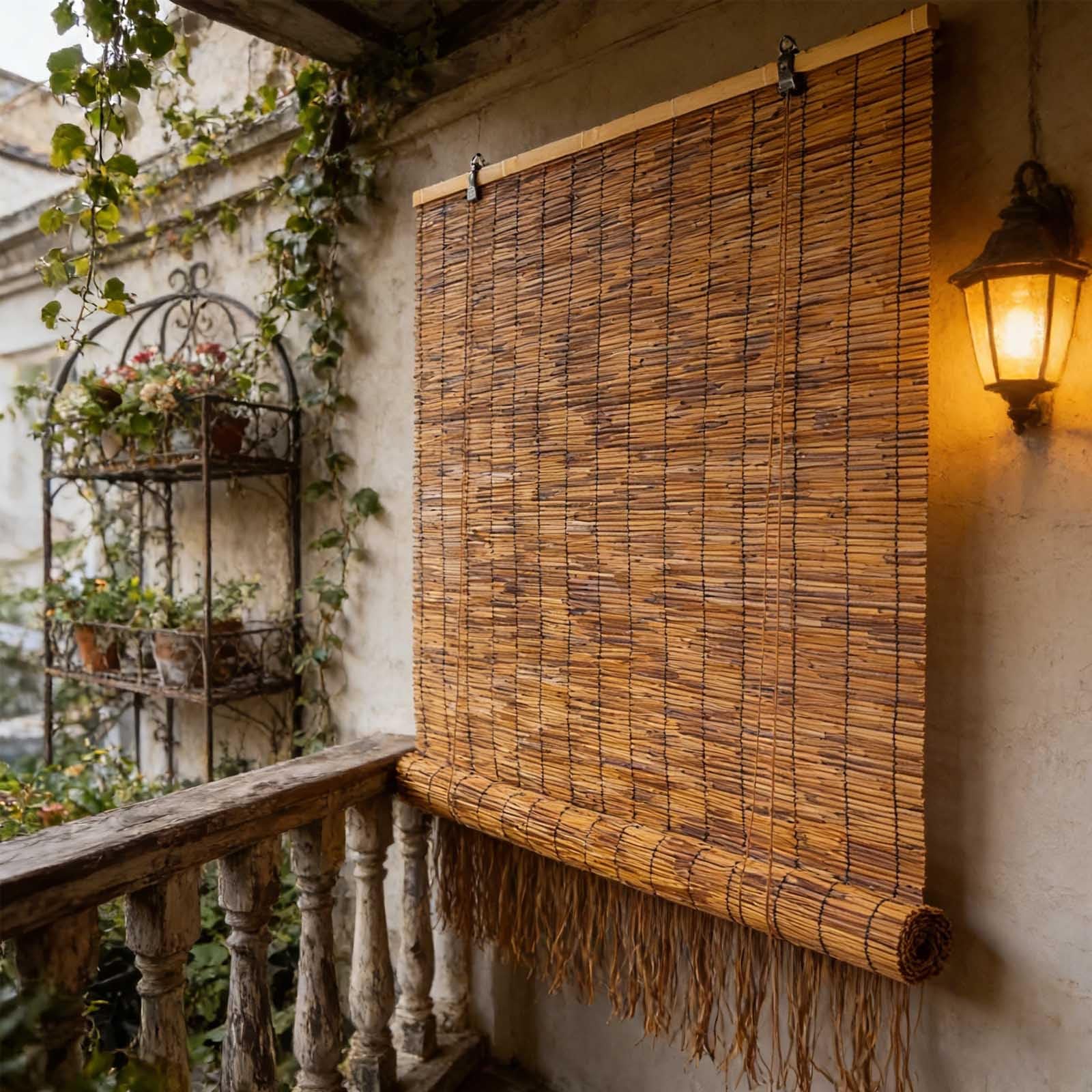Store Bambou Extérieur, Store Enrouleur sans Perçage en Roseau, Rideau Thermique Anti Chaleur Et Occultant pour Balcon Et Terrasse(W125 x H215 cm)
