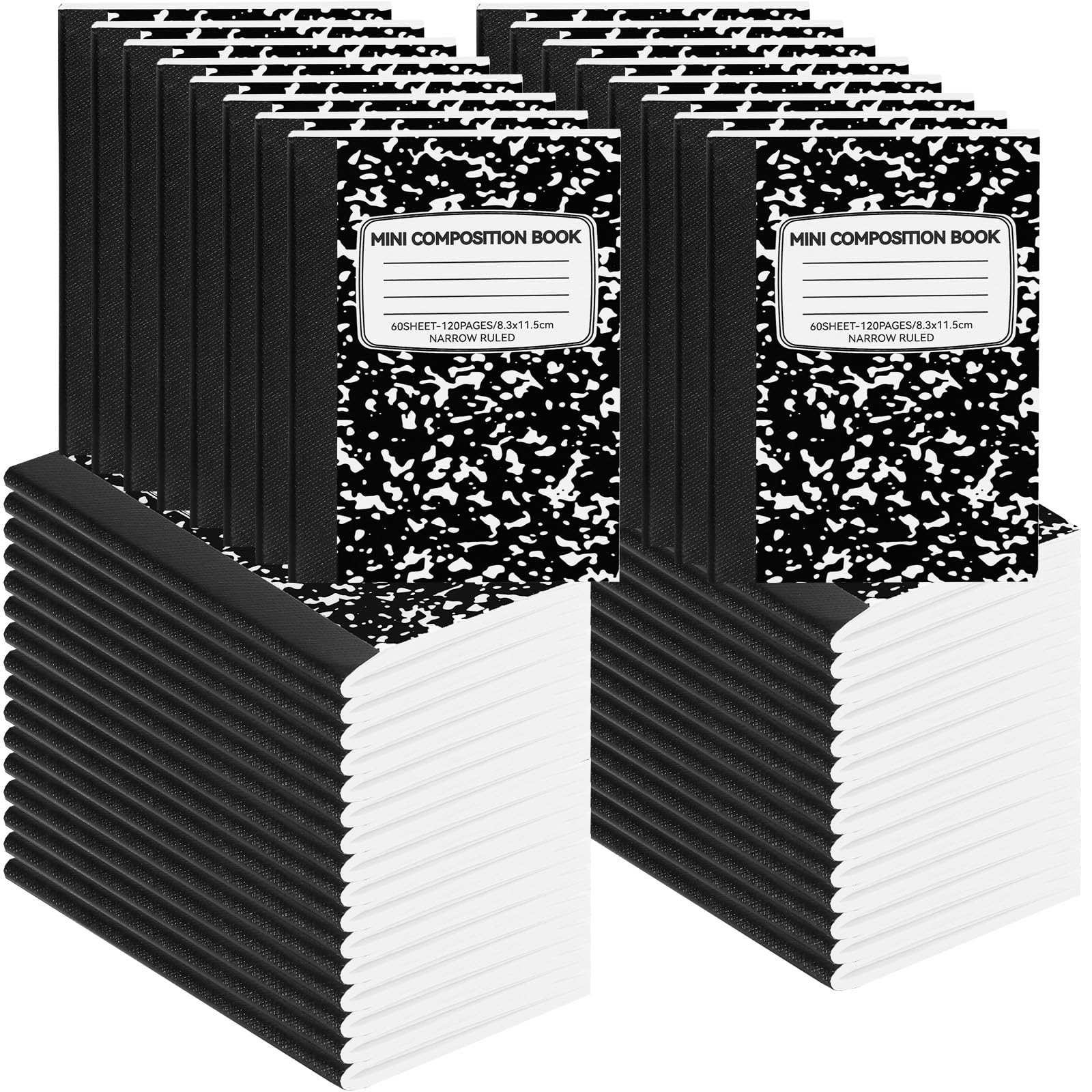 UZLU Confezione da 48 mini quaderni di composizione, graziosi libri di composizione, piccoli quaderni a righe strette per bambini, studenti, università, ufficio, diario tascabile in marmo, nero, 11,4