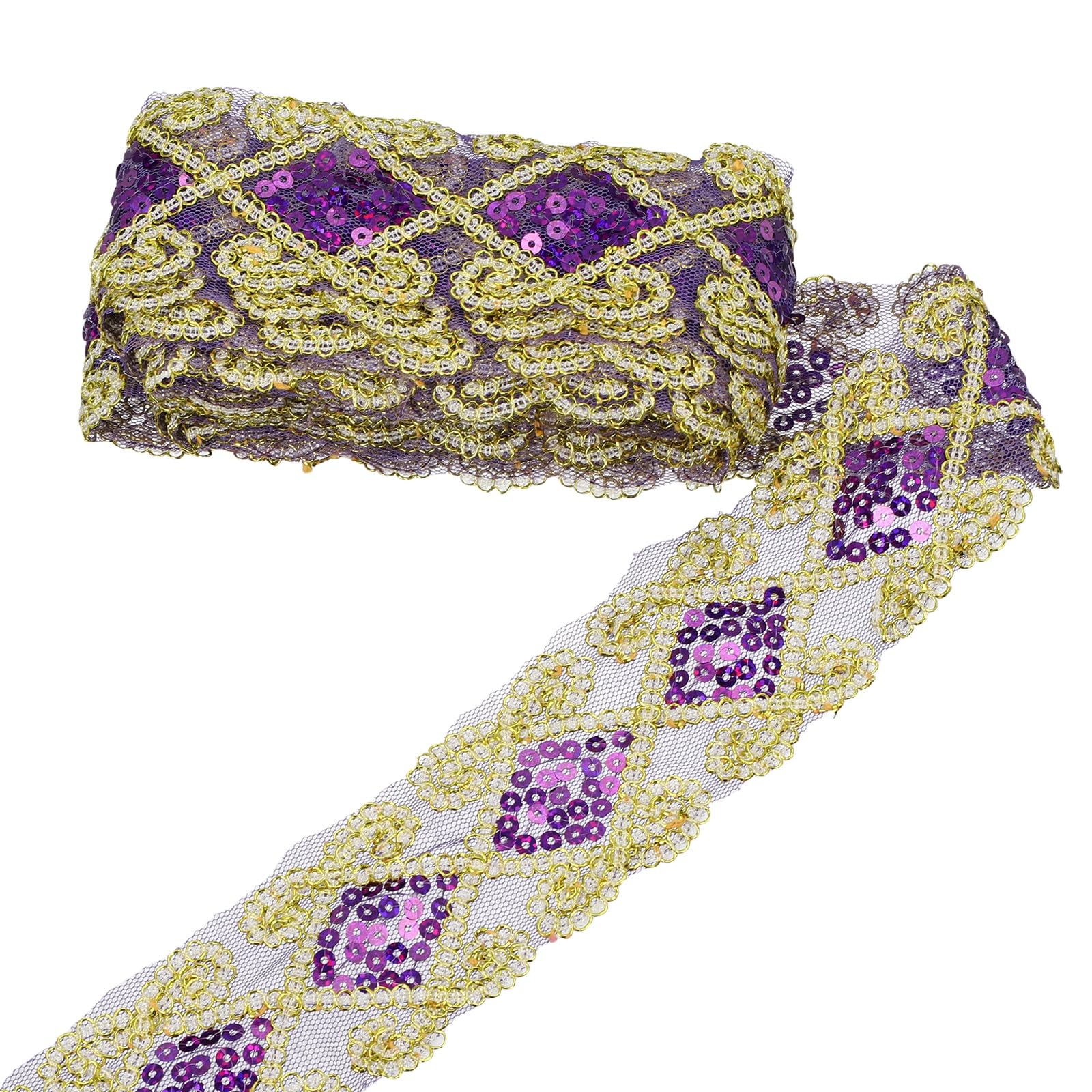 sourcing map Sequins Lace Mesh Trim Lace Ribbon Applique, 6cm 9.14m Diamond Shaped Braid Sequins Lace Fabric for Sewing DIY Craft Curtain Dress Clothing Wedding, Dark Purple
