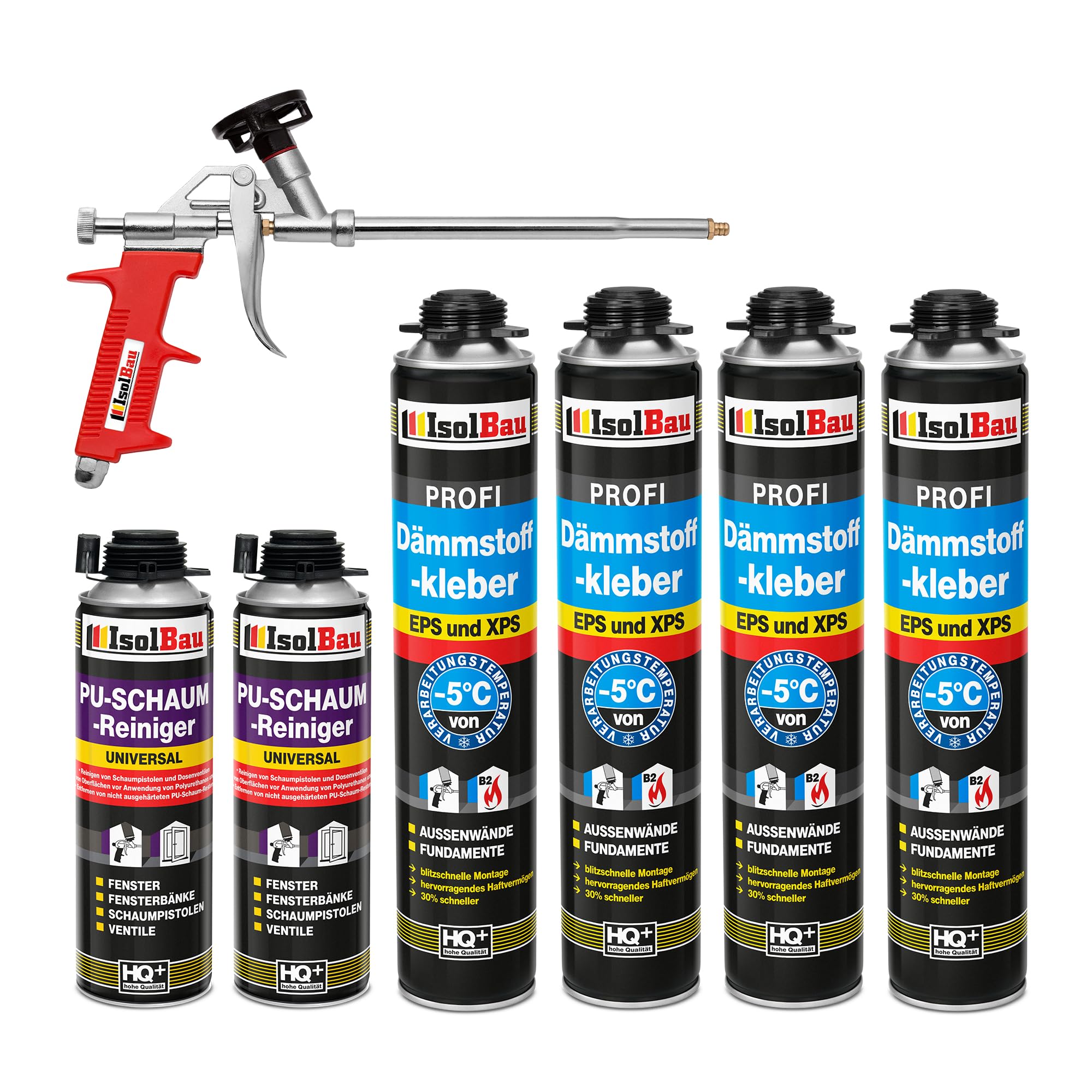 Isolbau B2 Dämmstoffkleber SET - 4 x 750 ml Perimeterkleber, 2 x PU-Schaum-Reiniger & 1x Schaumpistole für EPS & XPS-Platten - 1K PU-Klebeschaum für Fixieren und Isolieren
