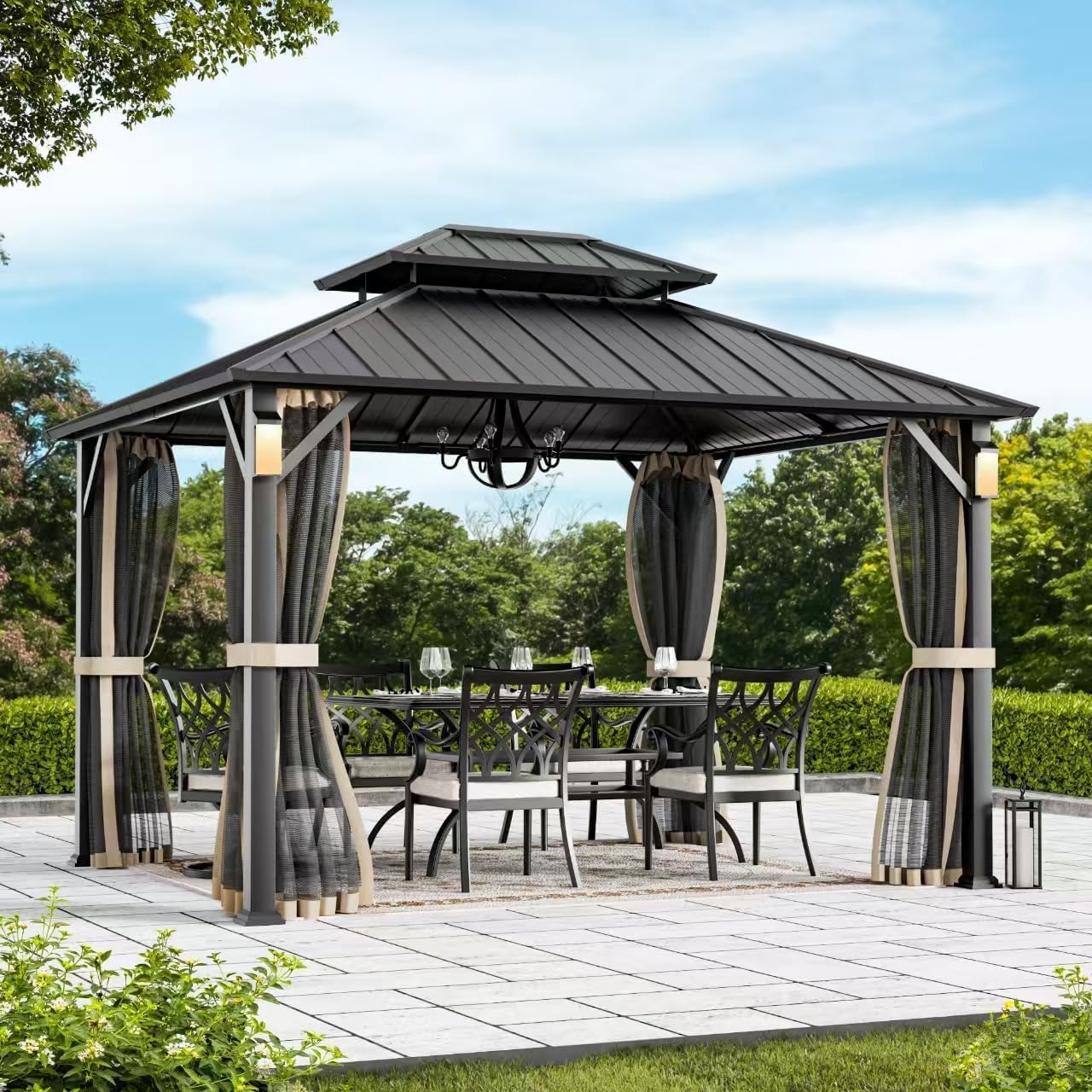 Modern Shade The Horizon Hardtop Gazebo 10' x 12' with 4 LED Lights, Permanent Outdoor Gazebo with Galvanized Steel Double Roof, Grill Pavilion with Decor Hooks, Mosquito Nettings, Black