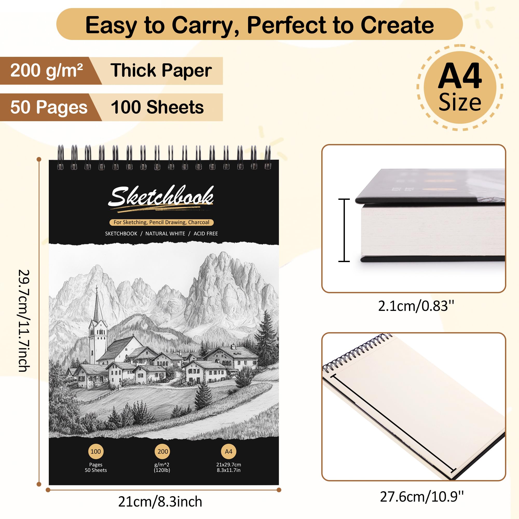 DazSpirit Cuaderno de Dibujo A4, Sketchbook con Tapa Dura y Papel Grueso 200g/m², 12 Lápices de Dibujo & Gomas, Bloc de Dibujo Espiral, 50 Hojas/100 Páginas, Perfecto para Lápices, Carbón, Pasteles