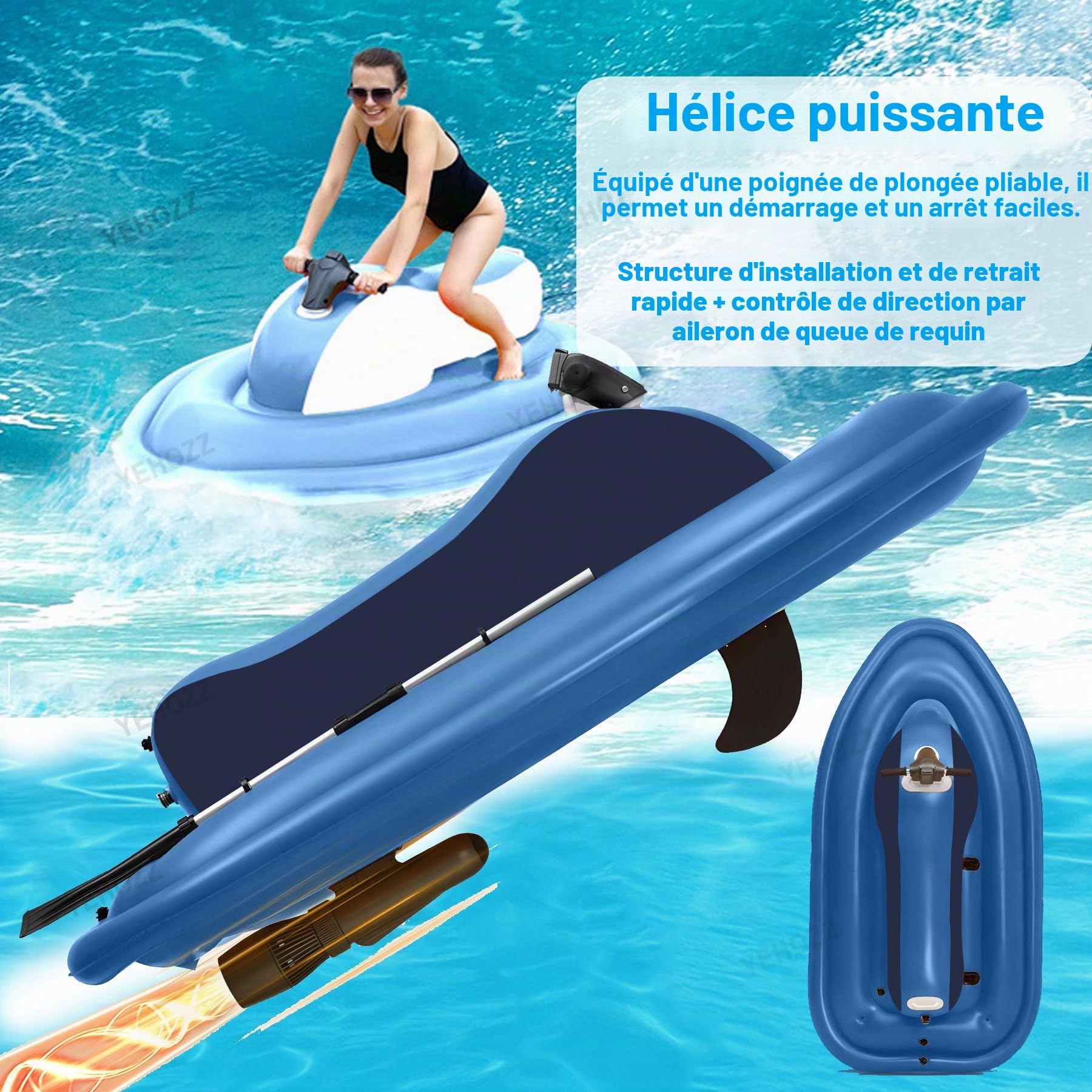 Bateau Gonflable électrique 500 W/700 W avec Moteur, Jet Ski Et Sup Portables pour Adultes Et Enfants, Plongée, Natation, Kayak (Version avec Batterie Amovible) Motorboat+500W10AThruster
