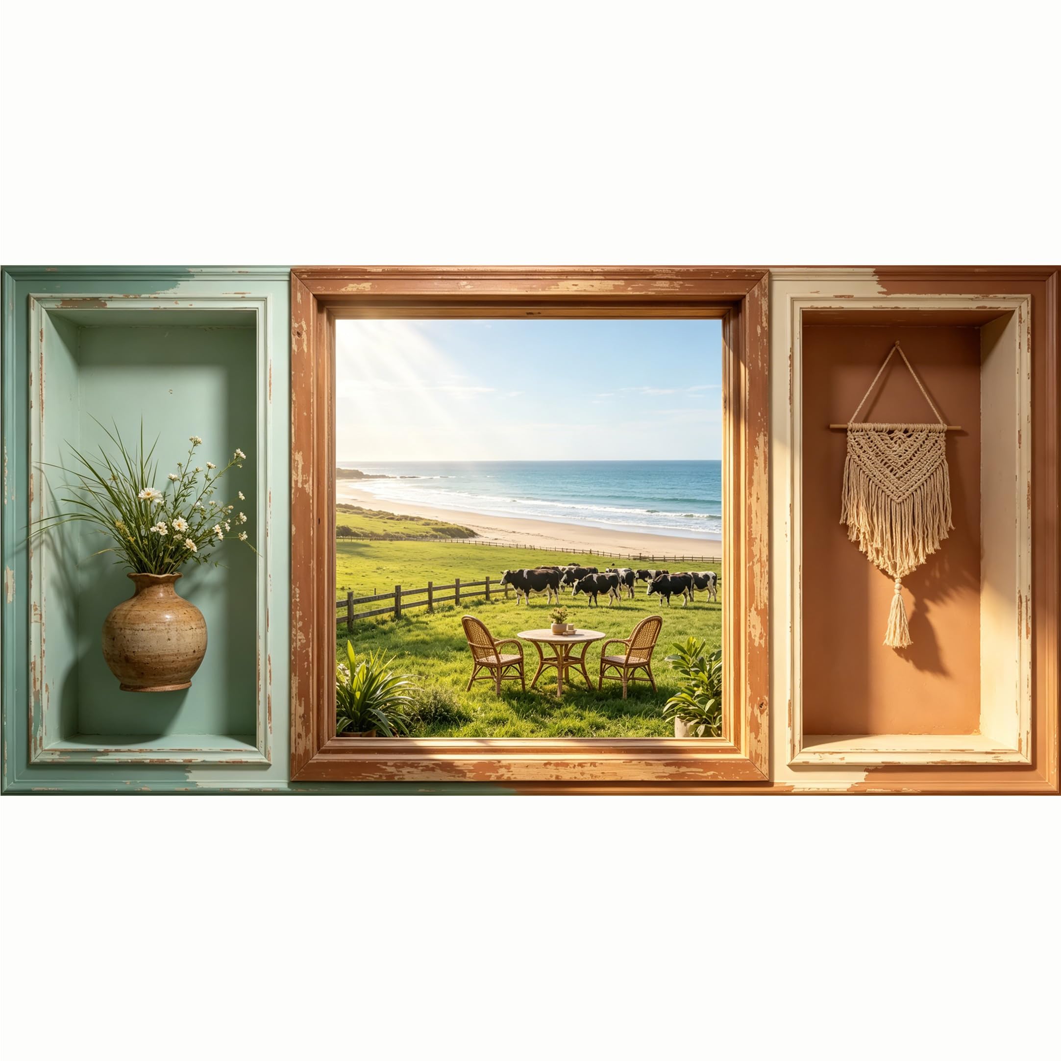 QZLITHOTIC 50x100cm 3D Framed Wall Art， Farmhouse Coastal Landscape Cow Grazing Field Self‑Adhesive Mural， Water‑Activated Peel & Stick Fabric Decor Wall Decal for Bedroom Living Room