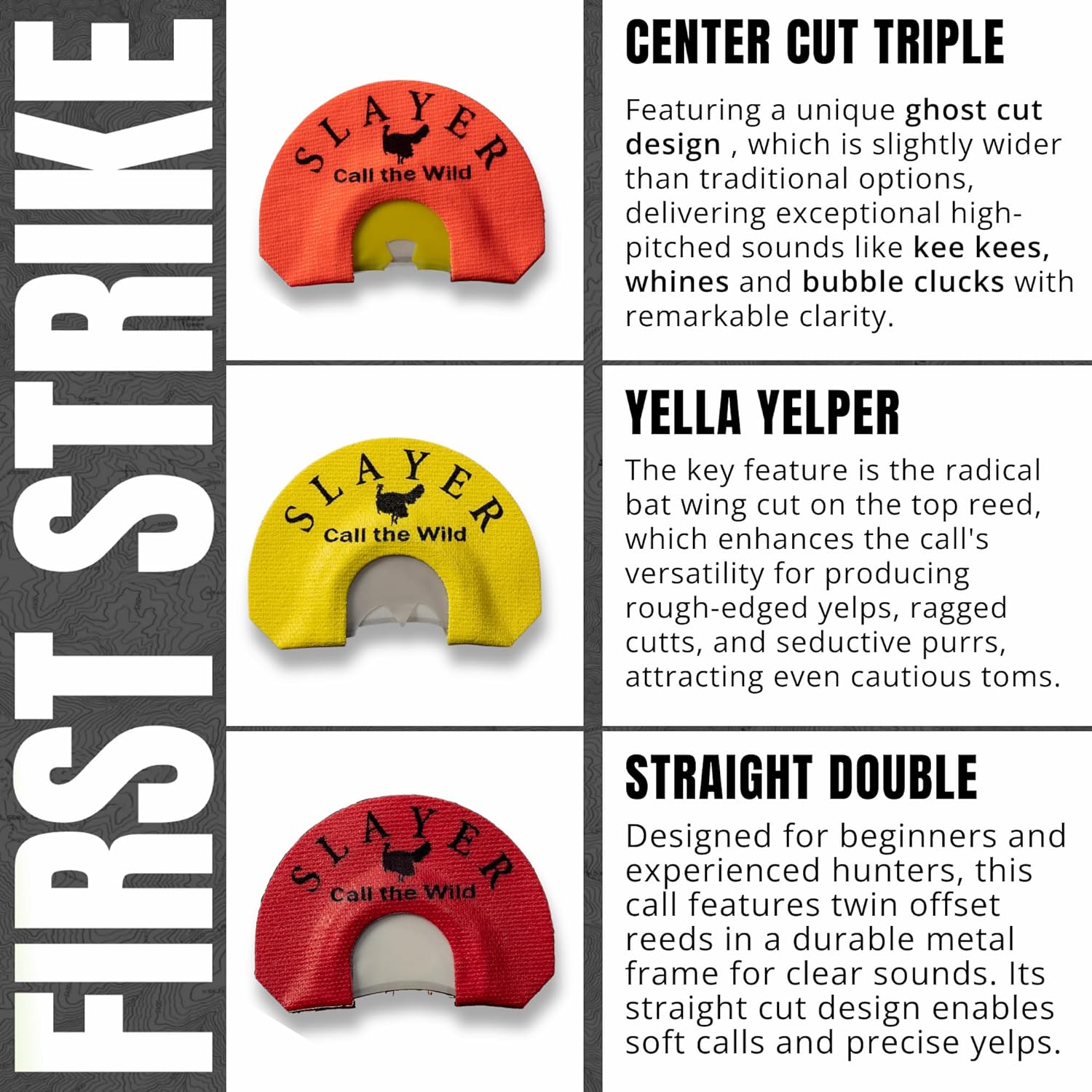 Slayer Calls First Strike Trio Starter Pack – Turkey Mouth Calls Bundle with Ghost Cut, Yella Yelper Batwing & Straight Double Diaphragms + Reed PAC’r Holder – Beginner to Pro Calling