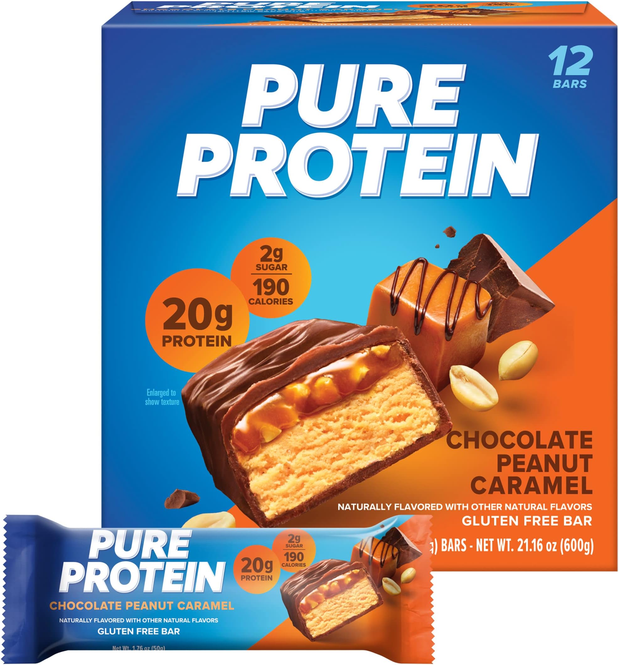 Pure Protein Bars, High Protein, Nutritious Snacks to Support Energy, Low Sugar, Gluten, Chocolate Peanut Caramel, 1.76oz, 12 Pack