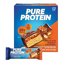 Pure Protein Chocolate Peanut Caramel Protein Bars – 20g Protein, 3g Sugar, 190 Calories (12 count) Low Sugar* High Protein Snack - Gluten Free - Perfect for a Healthy Snack