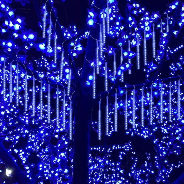 GPODER Shower Rain Lights 30CM, 8 Waterproof Spiral Tubes Meteor Lights, 288 LEDs Rain Lights for Christmas Outdoor Garden House Window Xmas Tree Decoration(Blue)