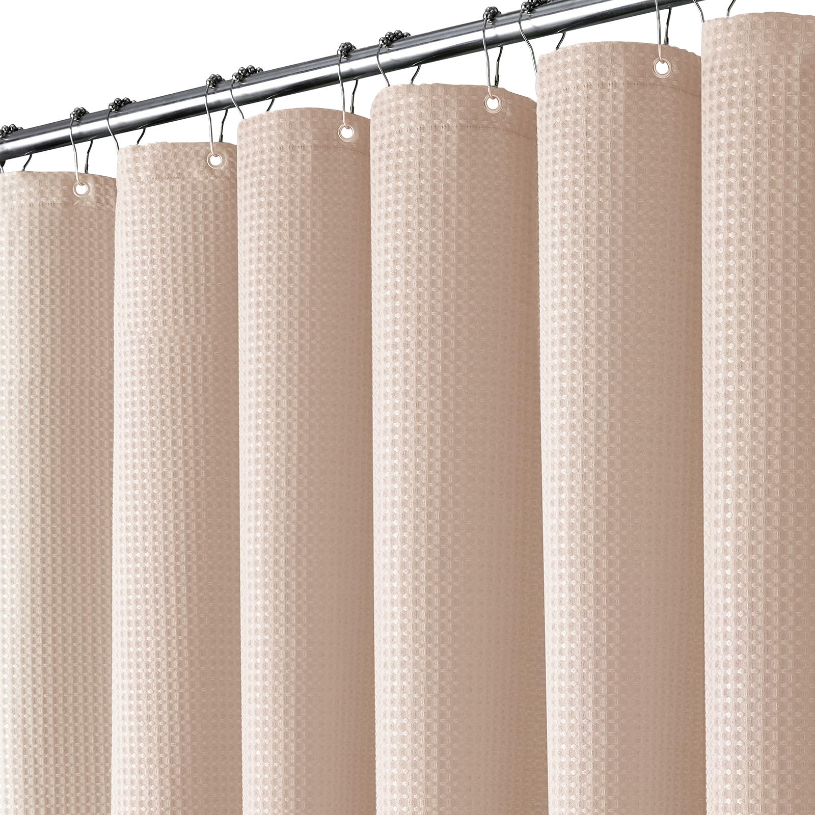 BTTN 182 x 200cm Drop Long Waffle Shower Curtain, Extra Long Mould Proof Resistant Heavy Duty Fabric Shower Curtains, Waterproof Weighted Cloth Shower Curtain Set with 12 Plastic Hooks, Blush Pink