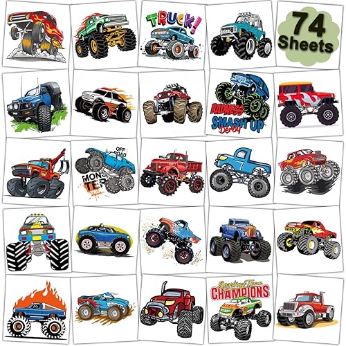 CHARLENT Tatuajes temporales de Monster Truck para niños, suministros de fiesta  74 hojas individuales de tatuajes de camión monstruo para niños,