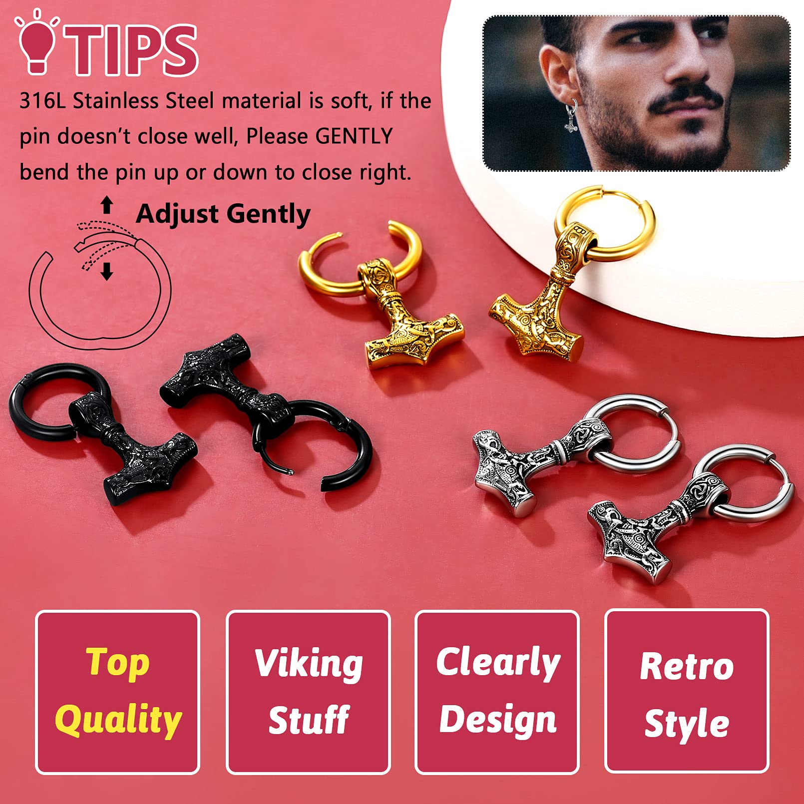 FaithHeart Boucle d'oreille Homme Femme,Creole Pendante Viking Marteau Mjöllnir Bijoux Boucles d’oreilles Gothique Hip Hop Punk Biker Femme Hommes Garçon (Boîte Cadeau)