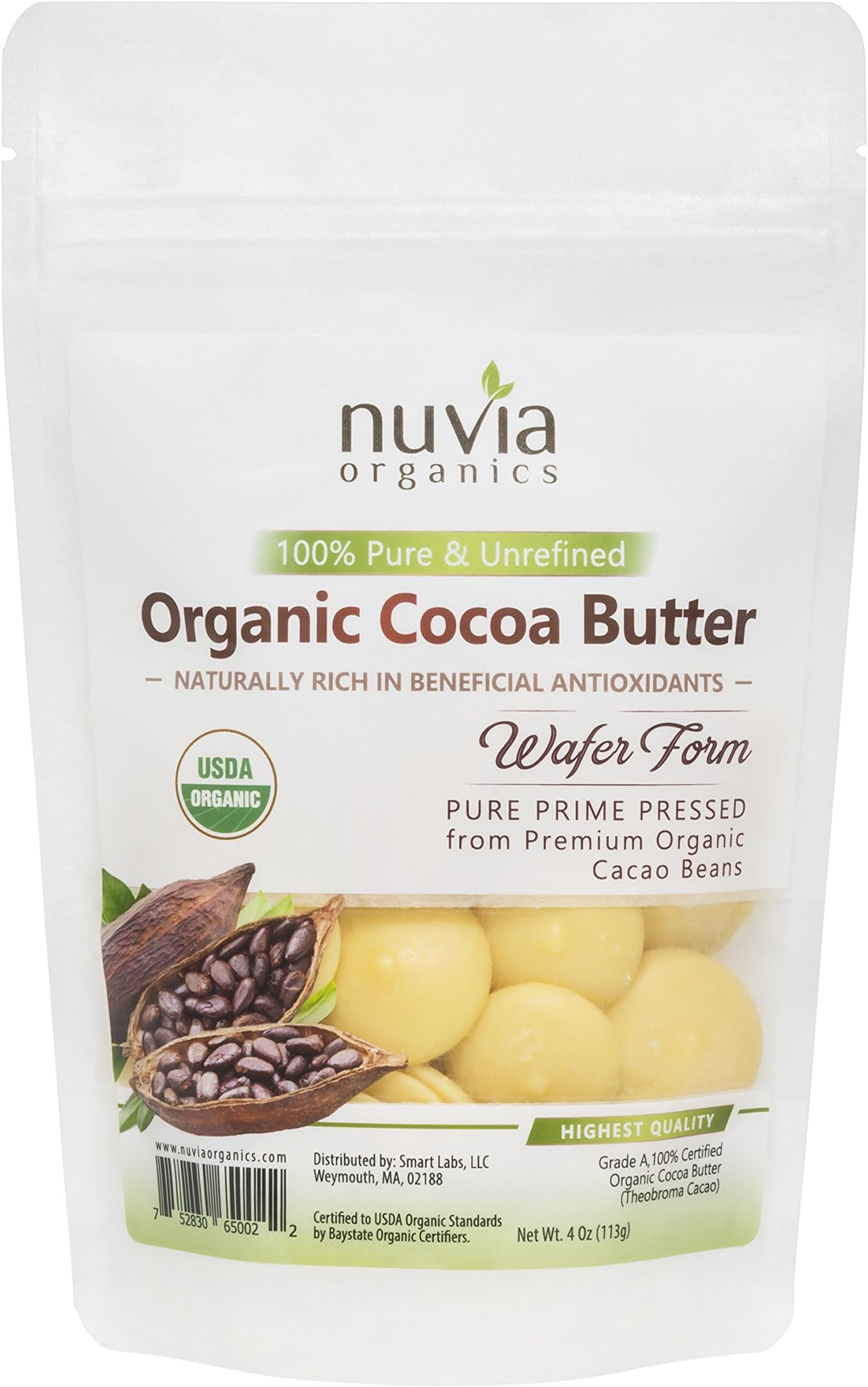 Organic Cocoa Butter Wafers - 100% Certified Organic, Pure Raw Unrefined Pressed Wafers, 4 oz