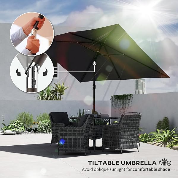 Outsunny 3x2m Garden Parasol, Parasol Umbrella with Crank Handle, Tilt Function, Polyester Canopy, Outdoor Table Umbrella for Patio, Garden - 3