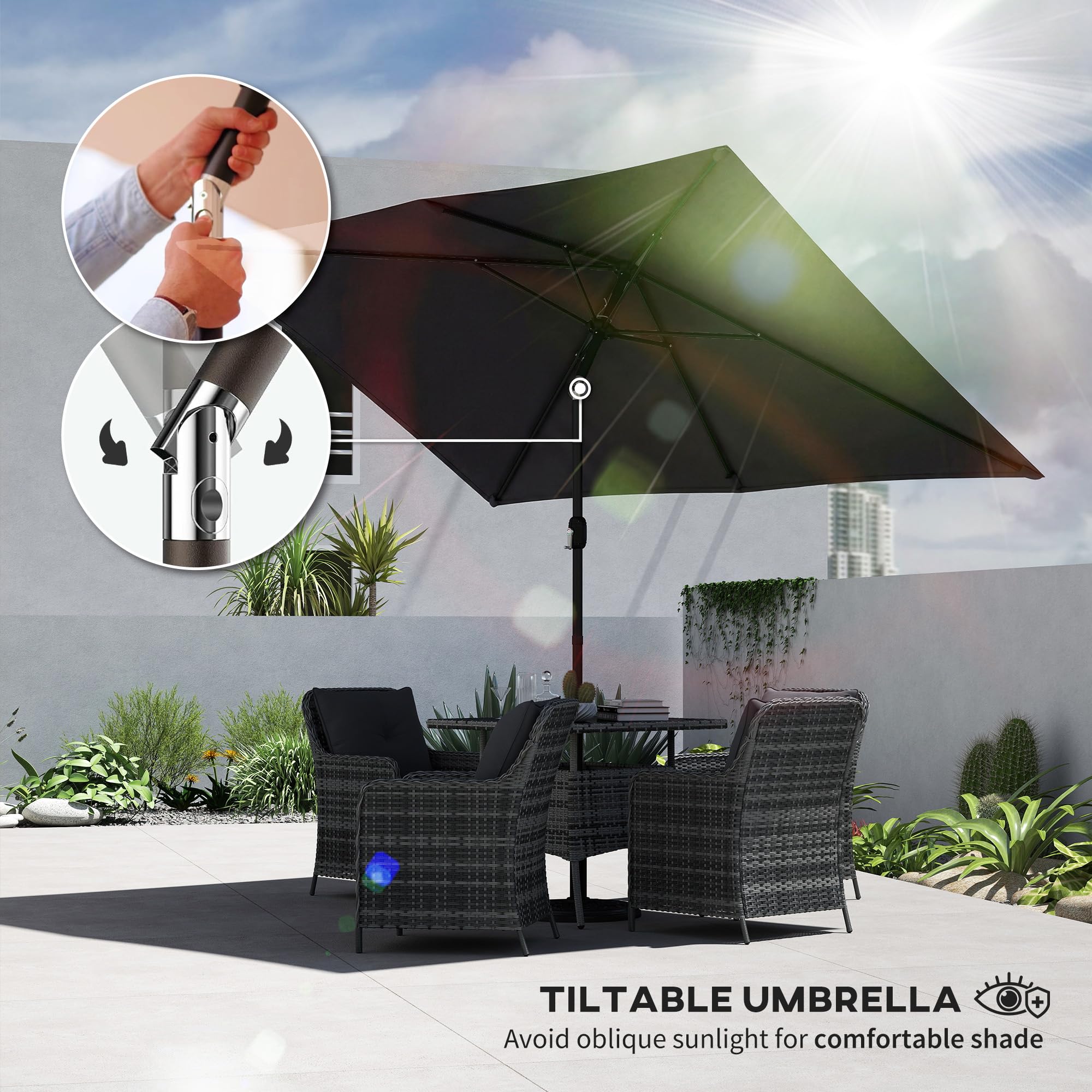 Outsunny 3x2m Garden Parasol, Parasol Umbrella with Crank Handle, Tilt Function, Polyester Canopy, Outdoor Table Umbrella for Patio, Garden — view 3