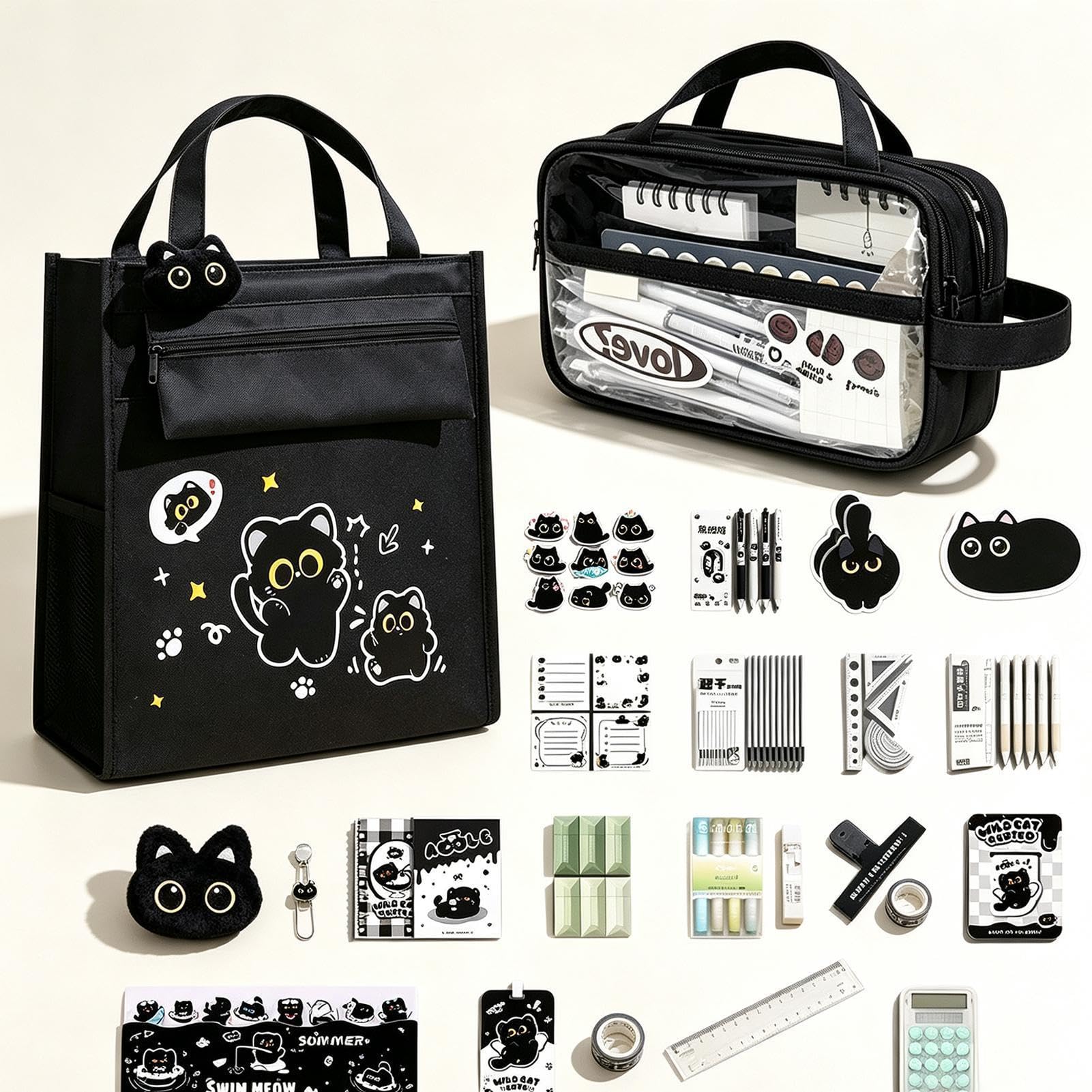 Set di cancelleria per ragazze, nero, grande | Set di astucci per ragazze, adolescenti, insegnanti, donne, casa, classe, dormitorio, biblioteca, ufficio