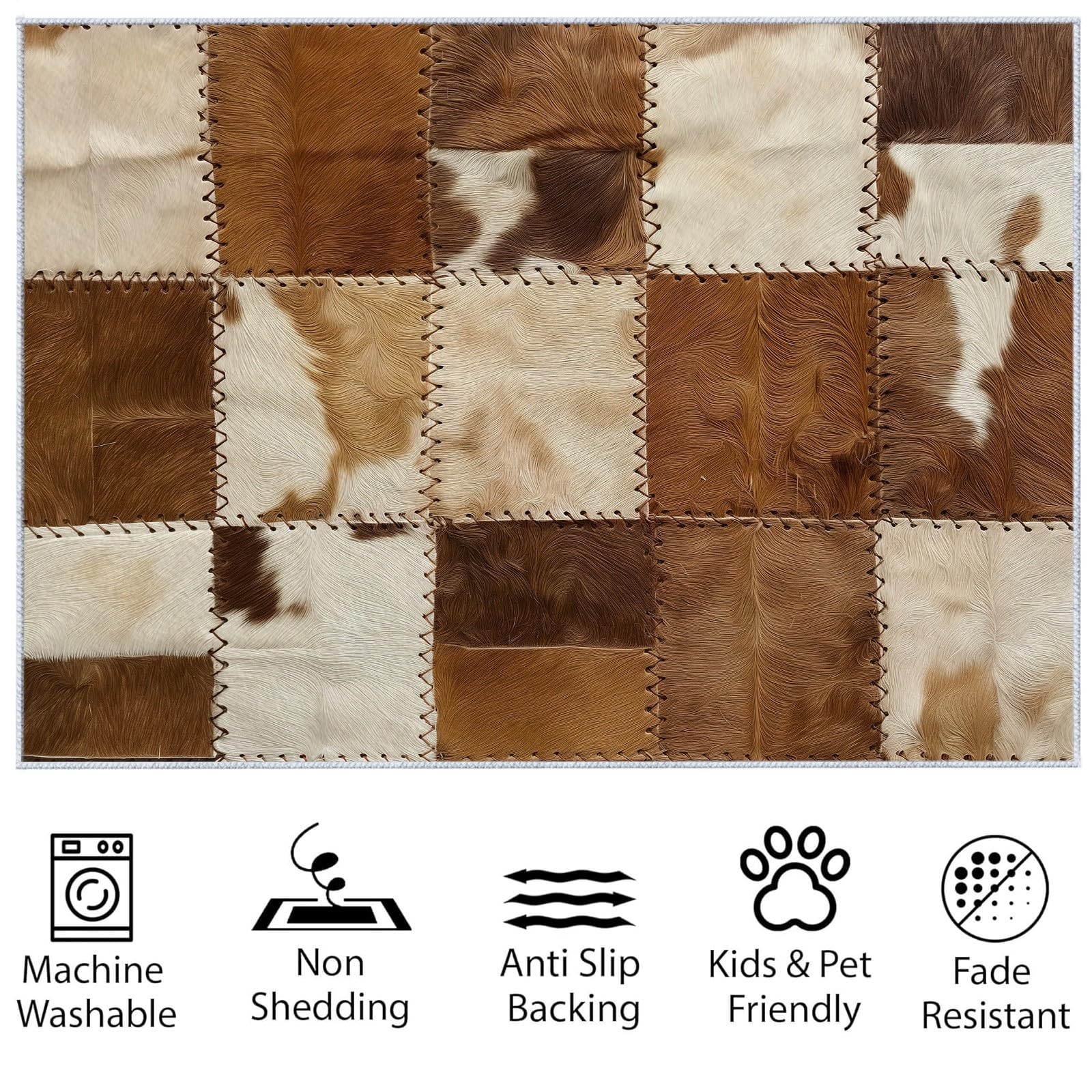 Tapis à Motif Rayures Patchwork en Cuir De Vache Tapis Salon Style Ferme Lavable Rectangulaire Tapis de Salon 180x240 cm, Antidérapant à Poils Courts Tapis Doux Chambre Poil Ras Tapis de Sol