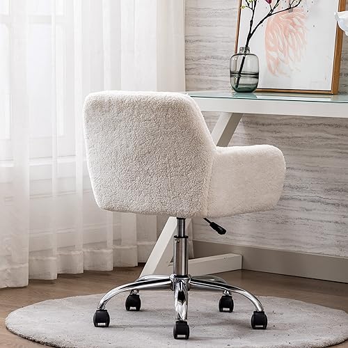 Miniatura 7 de Goujxcy Silla de escritorio esponjosa, silla de tocador de piel sintética blanca, silla giratoria de oficina para niñas y mujeres, altura ajustable,