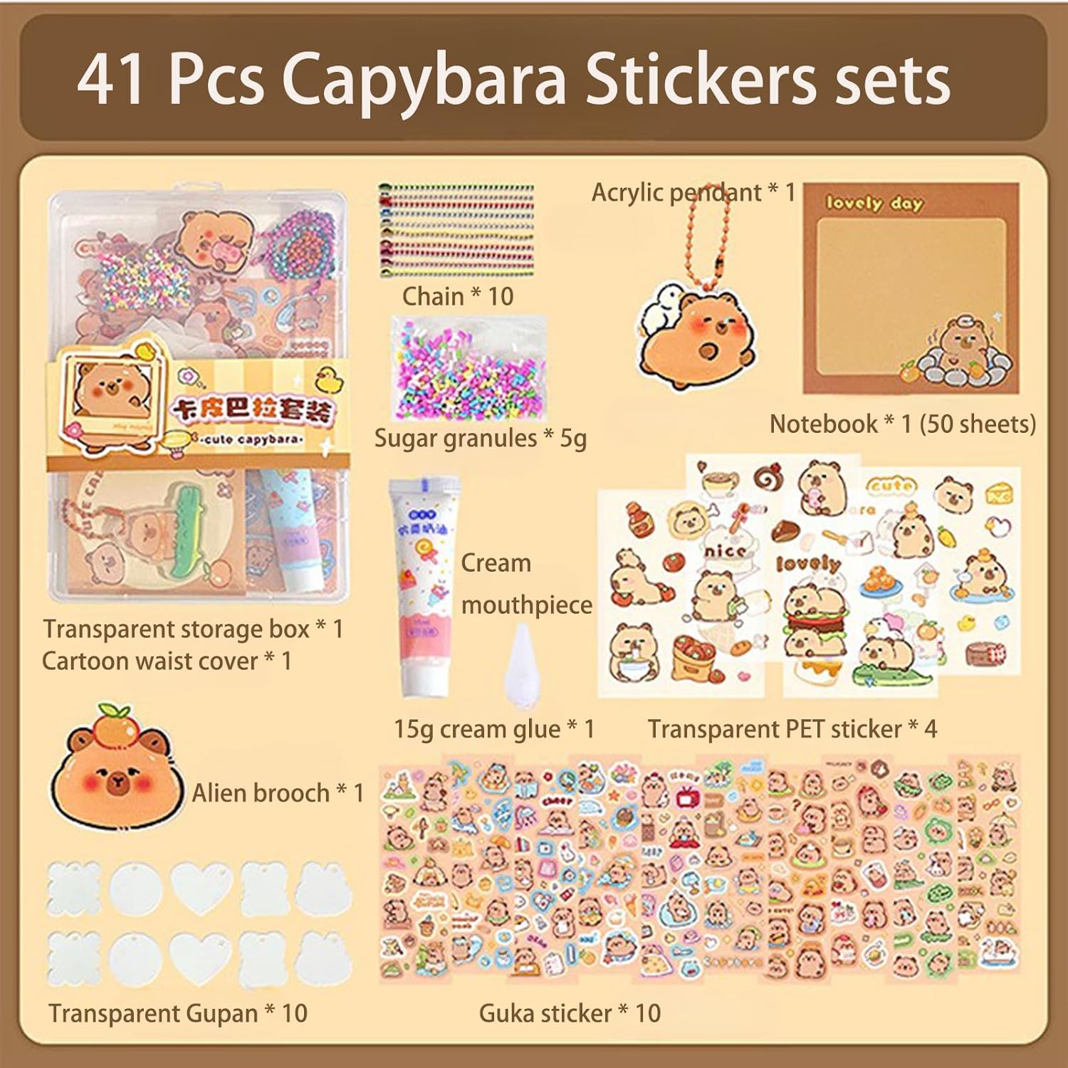 DIY Handmade Notebook Cream Guka Sticker- Hand Accounting Stickers, PET Waterproof Decorative Stickers for Kids and Cute Capybara Stickers (41 Pcs)