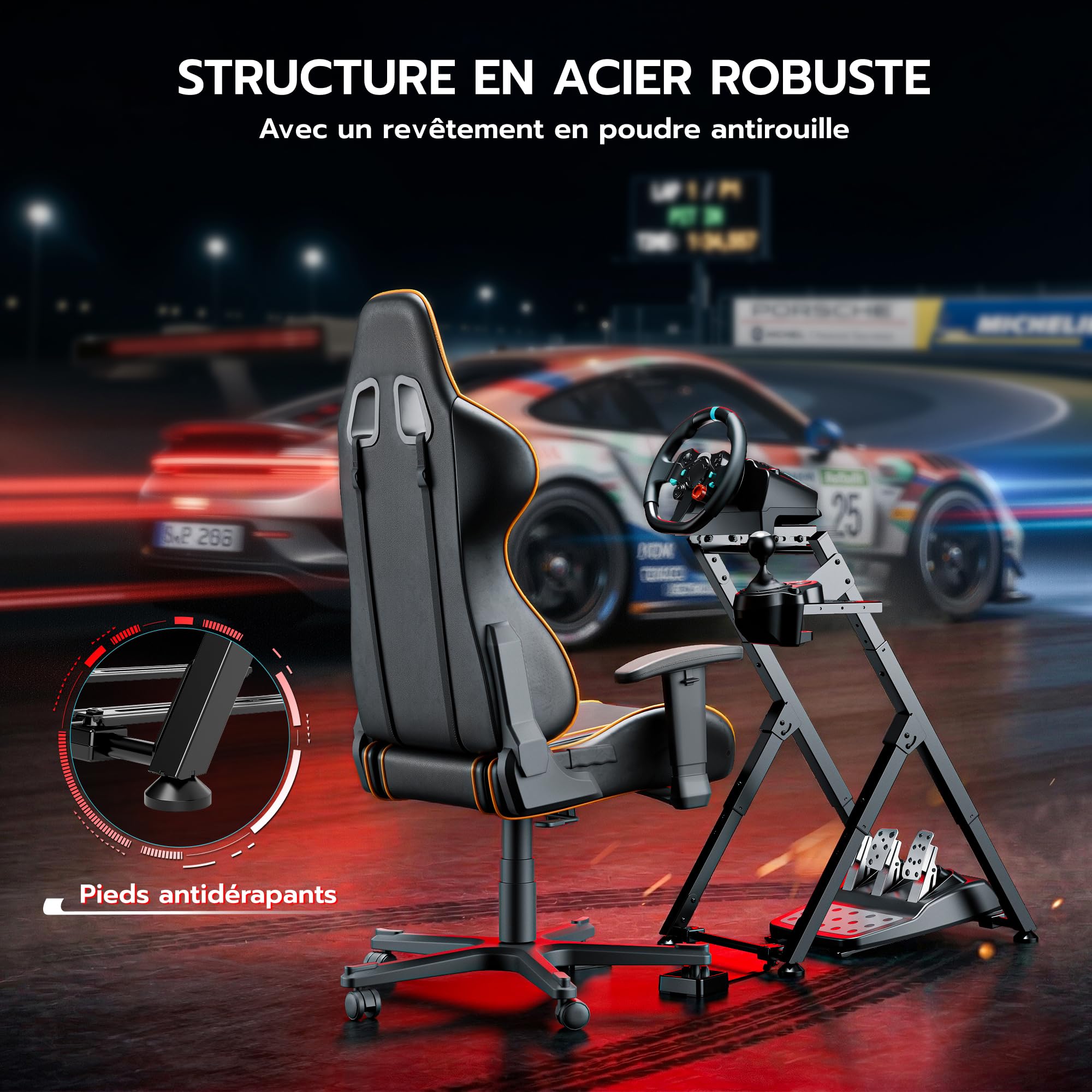 ARES WING Soporte plegable para volante Sim Racing con ranura para asiento | COMPATIBILIDAD AMPLIA: Compatible con Logitech G29, G920, G923, Fanatec, Thrustmaster, Moza y Simagic