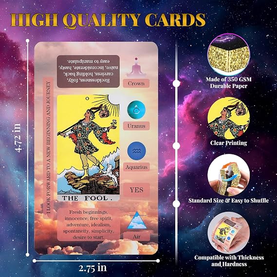 Tarot Cards For Beginners with Meanings on Them Learning Tarot Deck | Keywords Element Chakra Zodiac Astrology Yes or No Reading on Cards; 78 Standard Size Cards; Easy to Shuffle; Traditional Art