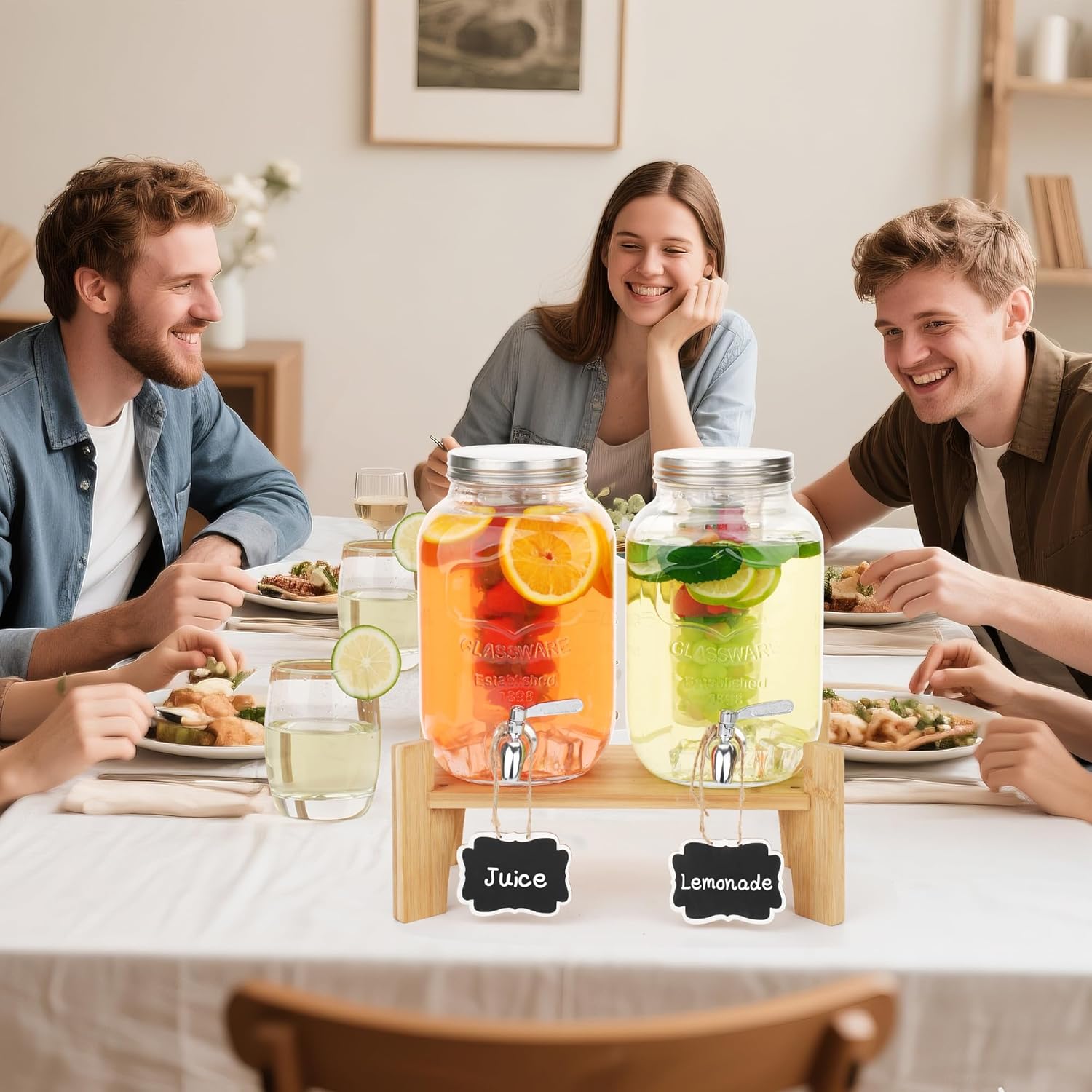 Set of 2 Glass Drink Dispensers for Parties, 1 Gallon Ice Beverage Dispensers with Stand, Juice Dispenser with Fruit Infuser & Leak-Proof Spigot, Ideal for Lemonade, Tea, and Party Drinks