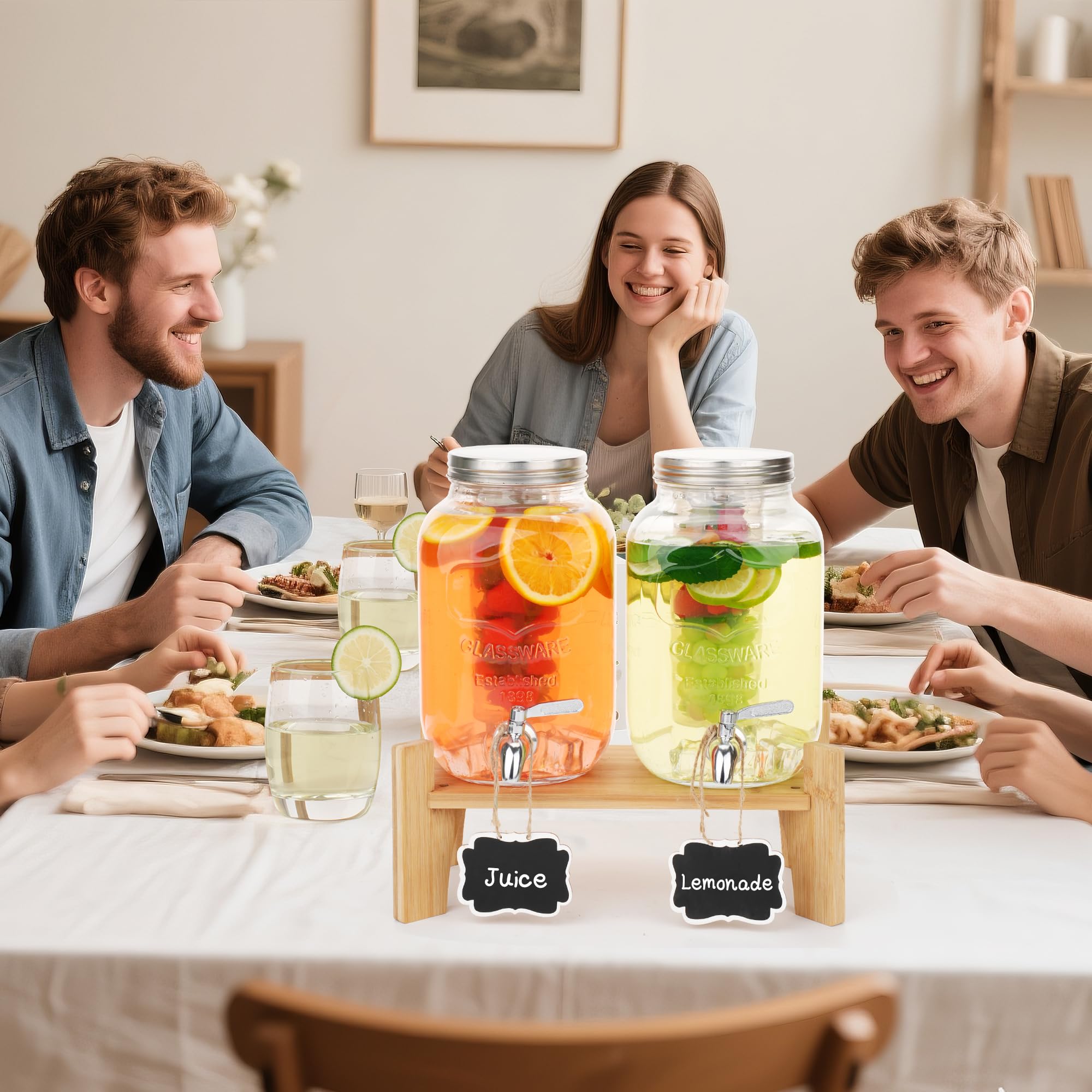 Juego de 2 dispensadores de bebidas de vidrio para fiestas, dispensadores de bebidas heladas de 1 galón con soporte, dispensador de jugo con infusor de frutas y espiga a prueba de fugas, ideal para