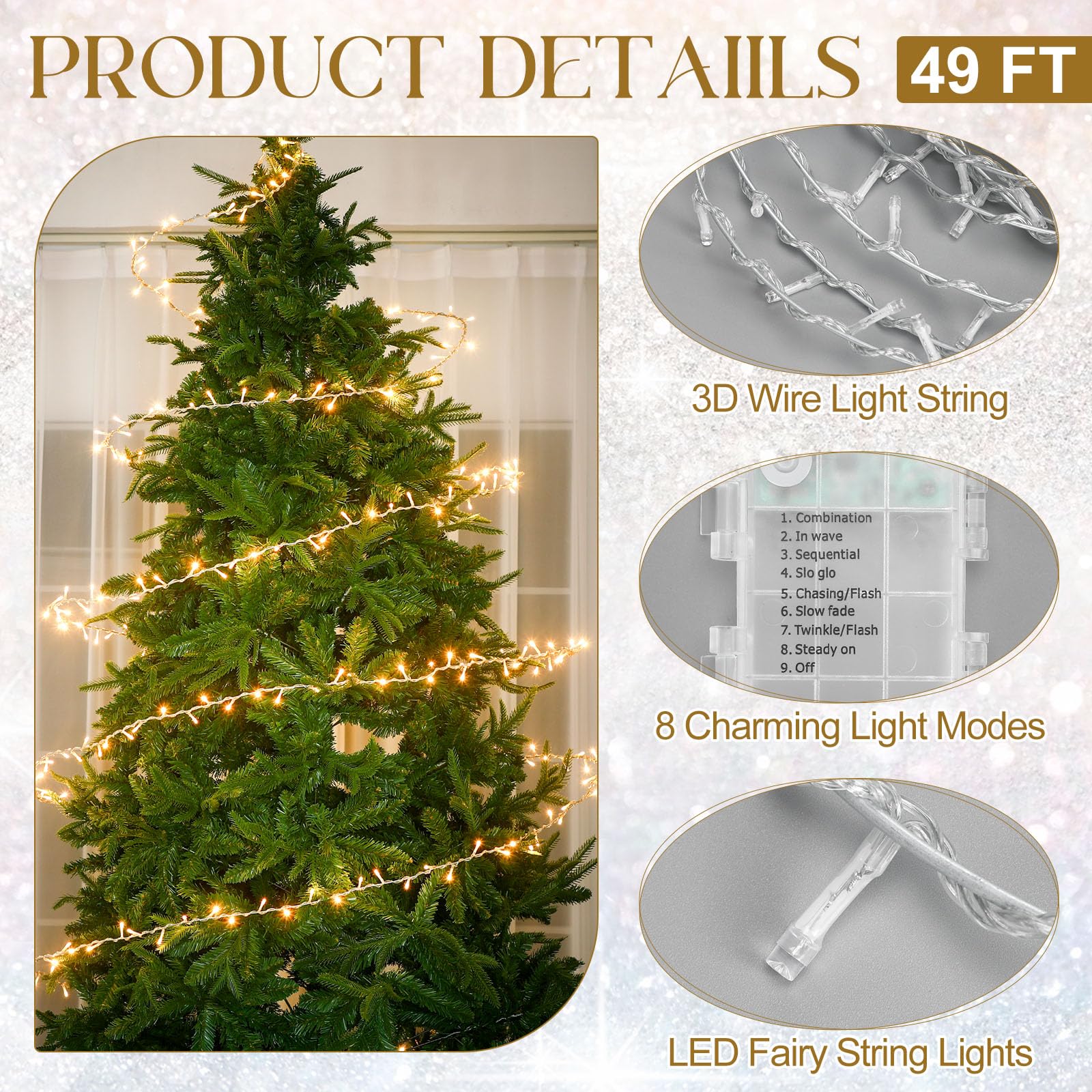 Mudder Guirlande lumineuse en forme de papillon de 15 m avec fil métallique en acrylique flocon de neige, étoile et stalactites, 300 LED, alimentée par piles, décoration d'intérieur