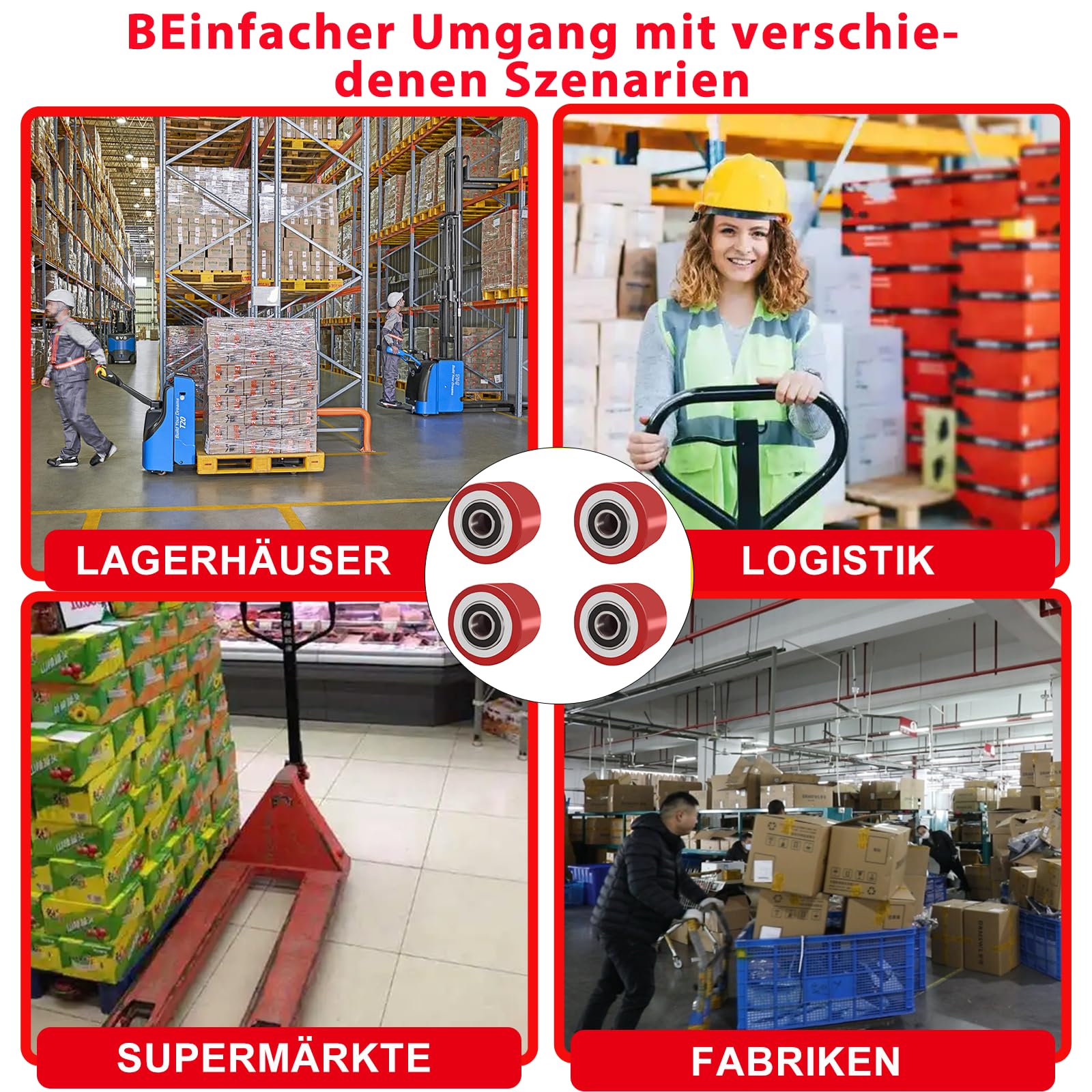 4 Stück Hubwagen rollen Polyurethan 80 x 70 mm,Achse 20 mm,Max 600 KG,Rot | Rollen mit kugellager,Hubwagen ersatzteile,Abriebfester,für Hubwagen Ersatzrollen,schont den Boden,geräuscharm