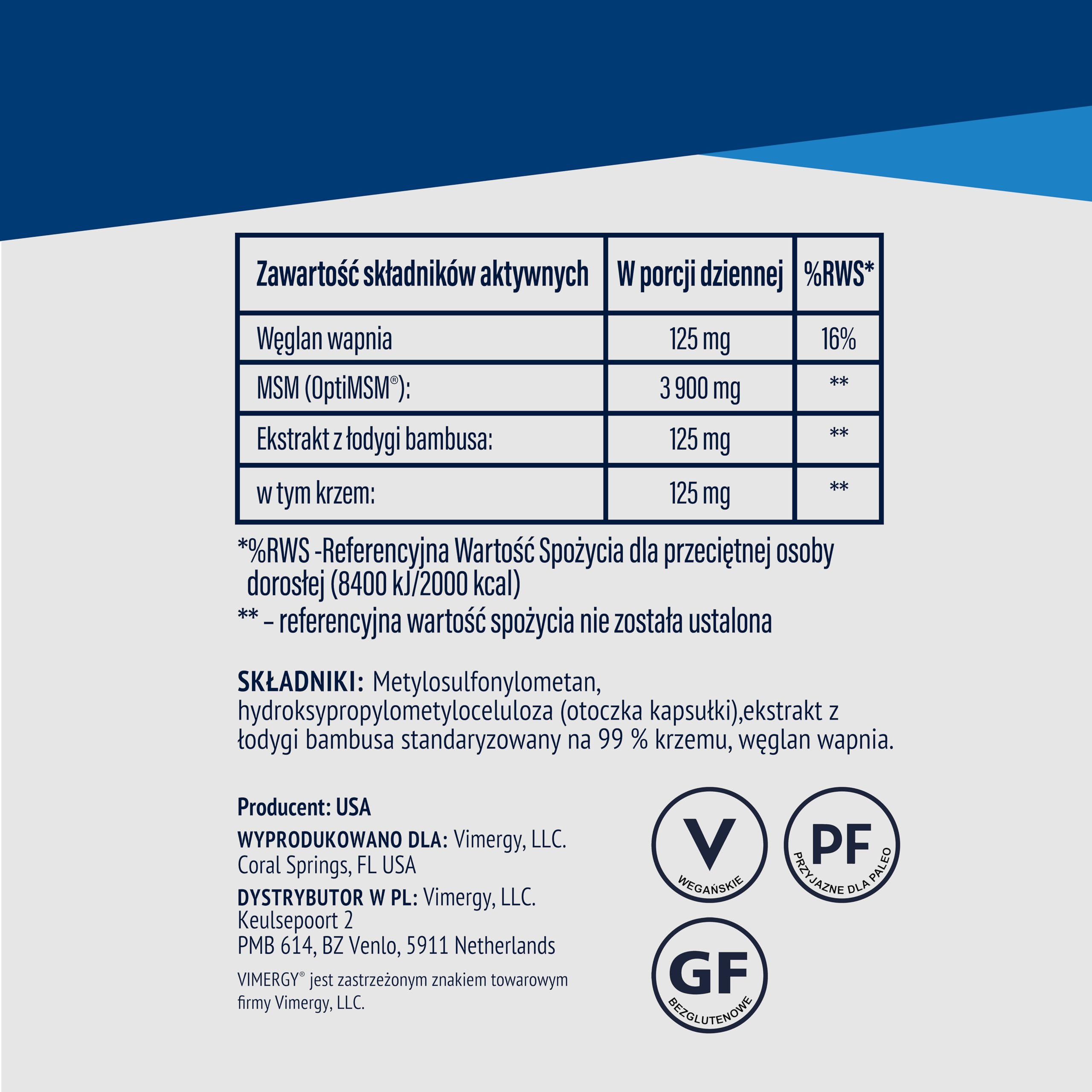 Vimergy MSM 780 mg w kapsułkach, 120 sztuk – Kapsułki MSM z wapniem i krzemem – Wegańskie kapsułki bez substancji żelujących – Bez GMO, koszerne, bez glutenu i żelatyny