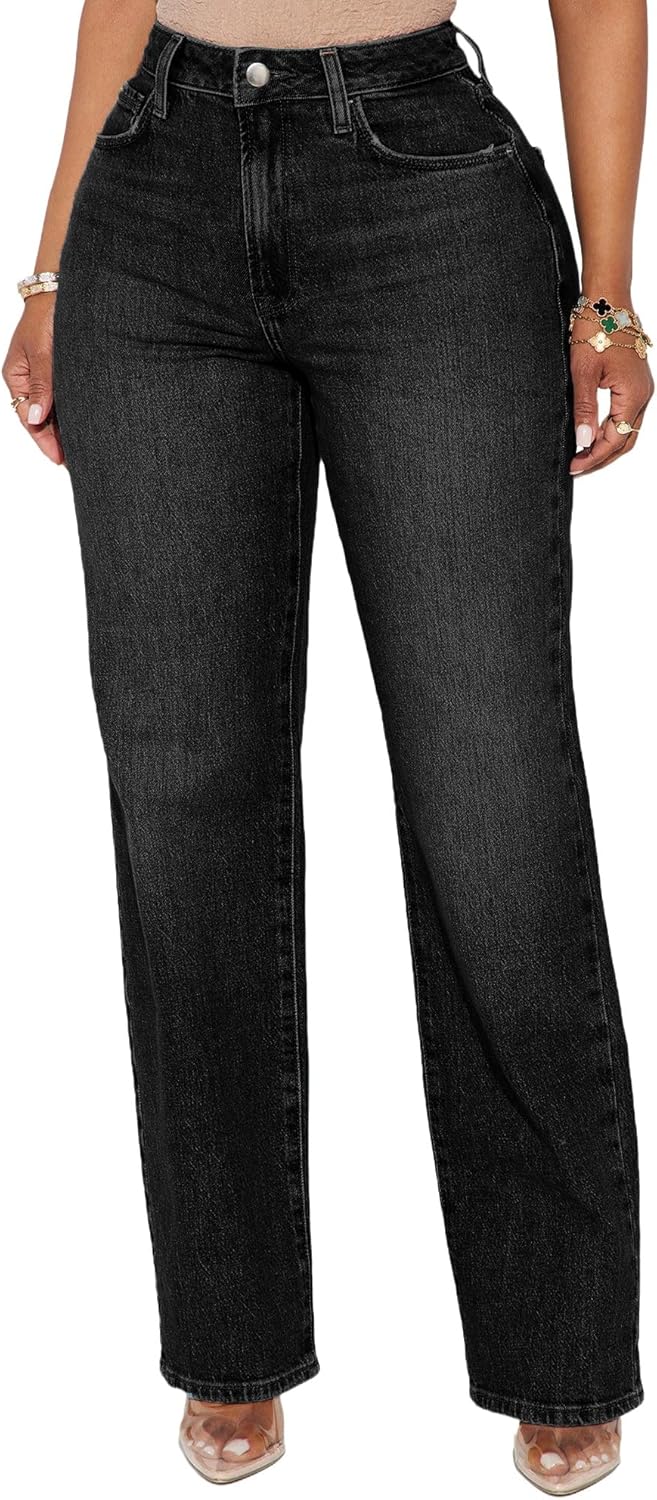 BessCops Straight Leg Jeans for Women High Waisted Wide Leg Stretchy Loose Denim Pants