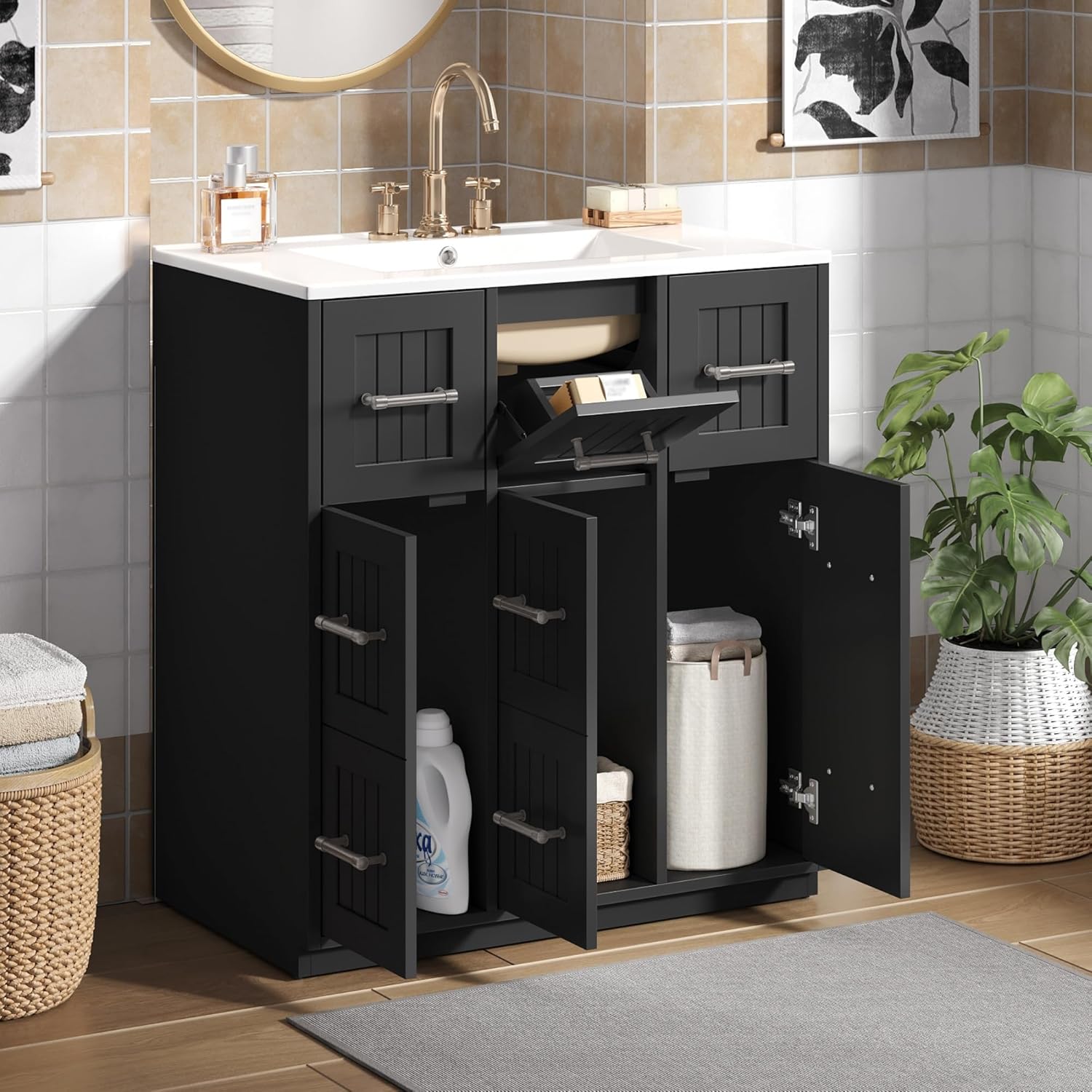 Favfurish 30" Modern Bathroom Vanity with Ceramic Sink,Undermount Single Basin Bath Vanity Set w/Soft-Close Doors and 2 Drawers & 1 Tip-Out Drawer,Freestanding Solid Wood Storage Cabinet,Black