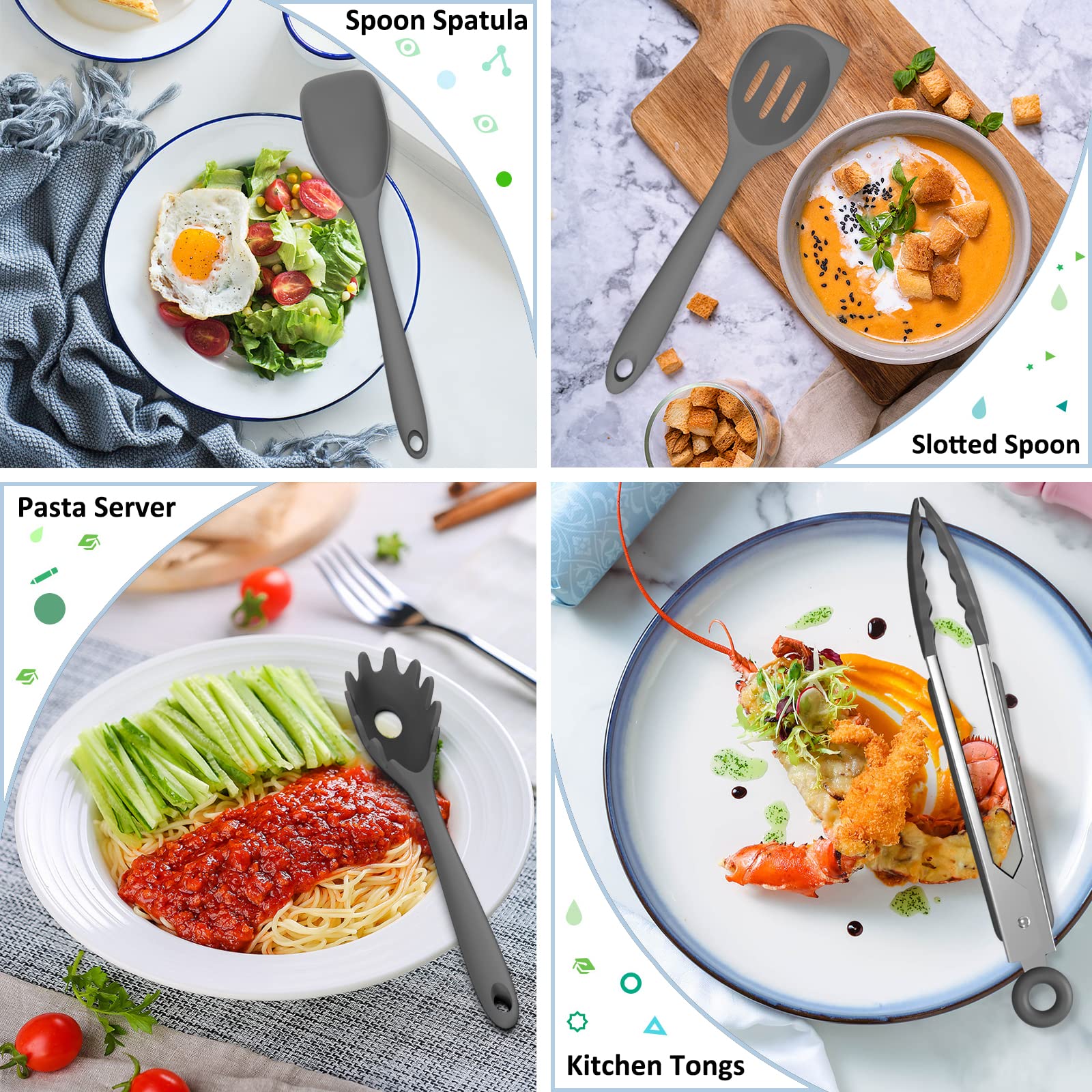 Deedro, set di utensili da cucina in silicone, 16 pezzi, resistenti al calore, con supporto, spatola antiaderente, gadget da cucina per cucinare e cuocere, grigio